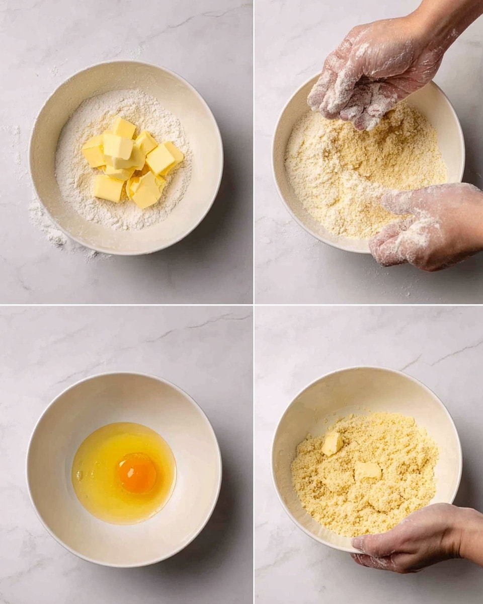 A white bowl with several small cubes of yellow butter placed over a bed of white flour lies on a white marbled surface in the first image. In the second image, a woman's hands covered in flour are mixing the butter and flour, creating a rough, crumbly texture inside the white bowl. The third image shows the white bowl now holding a uniform, pale yellow crumb mixture. The fourth image shows an egg yolk with a bright yellow color sitting on top of the pale crumb mixture inside the white bowl, all set on the white marbled surface. photo taken with an iphone --ar 4:5 --v 7