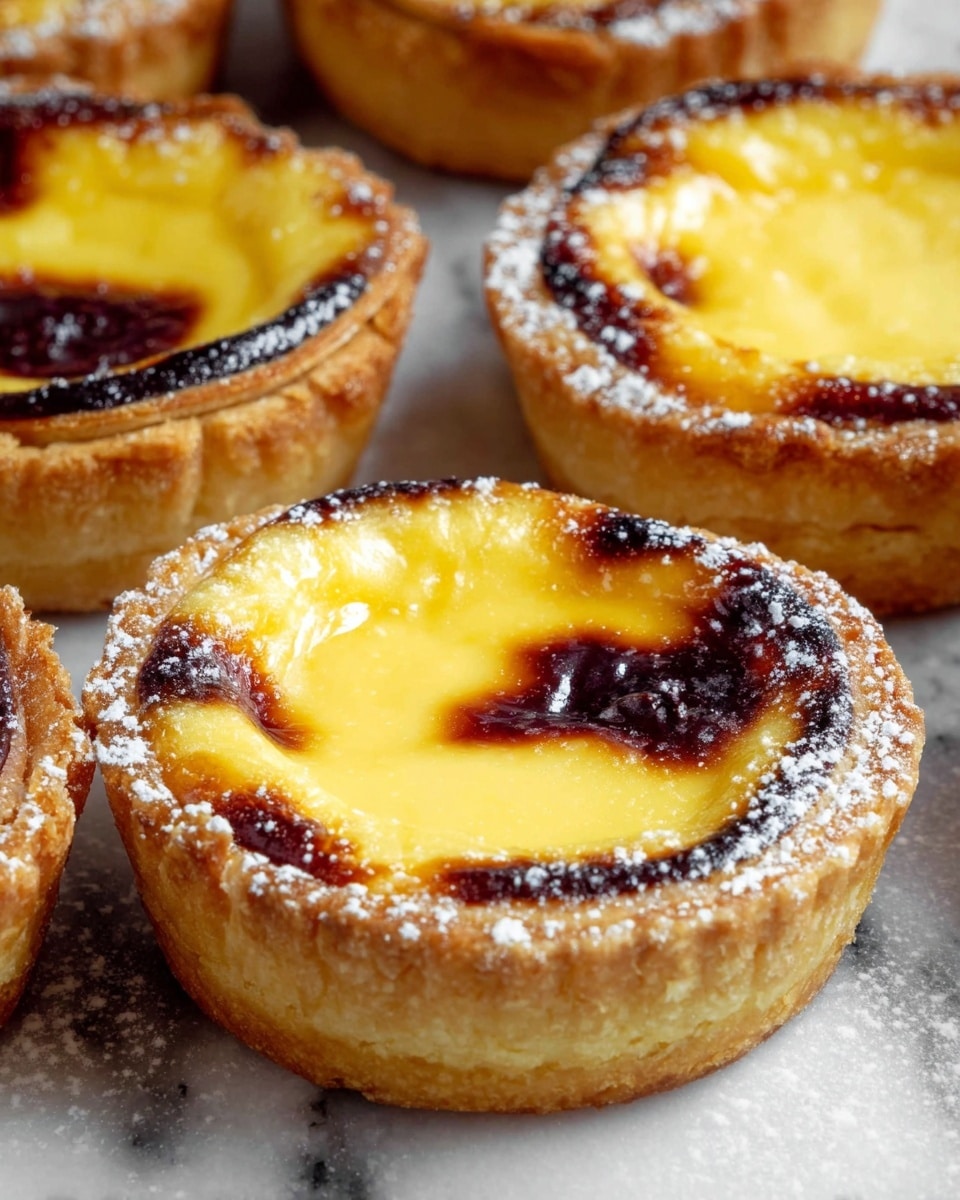 This image shows several mini tarts with three main layers. The bottom layer is a thick, golden-brown pastry crust that looks crispy and slightly rough. Inside the crust, there is a creamy pale yellow custard layer that is smooth and glossy. On top of the custard, there are darker brown spots from baking, adding a burnt look in some places. A light dusting of white powdered sugar is sprinkled around the edge of the crust. The tarts are placed on a surface with a white marbled texture. photo taken with an iphone --ar 4:5 --v 7