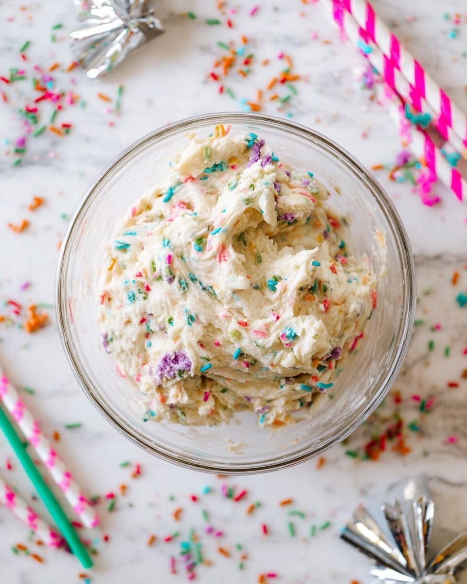 A clear glass mixing bowl is seen from above, holding a single large mound of thick, creamy dough mixed with bright, colorful sprinkles in pink, purple, blue, orange, and green. The dough looks soft and textured, with uneven bits of sprinkles spread throughout. Around the bowl, the white marbled surface is scattered with loose sprinkles and party decorations like pink and green striped straws and shiny metallic party blowers. The scene is bright and festive with the colorful details popping against the white marbled background. Photo taken with an iphone --ar 4:5 --v 7