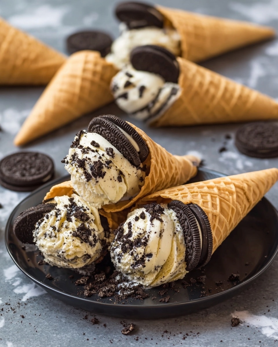 The image shows an assortment of ingredients arranged neatly on a white marbled surface. There are nine clear glass bowls and one small white square bowl. On the top right, a large bowl holds multiple light brown waffle cones standing upright in a circular pattern. To the left, a bowl is filled with white powdered sugar, and below it, a bowl contains whole chocolate sandwich cookies with cream filling. To the right of the cookies is a small bowl of granulated white sugar, and below that is a square bowl of cornstarch or similar white powder. At bottom left, a bowl contains a block of creamy off-white cream cheese. Center right shows a large bowl filled with smooth white whipped cream. At the top center, a small square bowl holds amber vanilla extract. On the far right, there is a bowl with light cream or milk. All items are placed symmetrically with clean textures and soft lighting. photo taken with an iphone --ar 4:5 --v 7