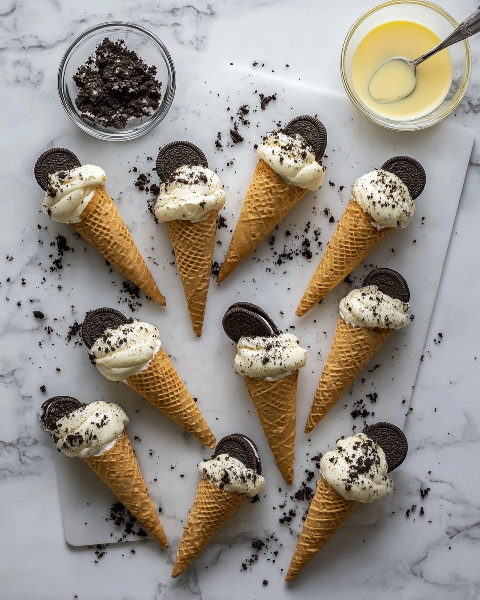 There are eleven waffle cones laid out on a white marbled surface, each filled with a layer of white creamy filling mixed with small black cookie crumbs. On top of the filling in each cone is a half piece of chocolate sandwich cookie standing upright, with more cookie crumbs scattered around the cones. To the left, there is a clear glass bowl containing more crushed cookie crumbs and a larger clear glass bowl filled with pale yellow liquid and a spoon inside. The cones and toppings create a textured and detailed look with light brown, white, and dark brown colors. Photo taken with an iphone --ar 4:5 --v 7
