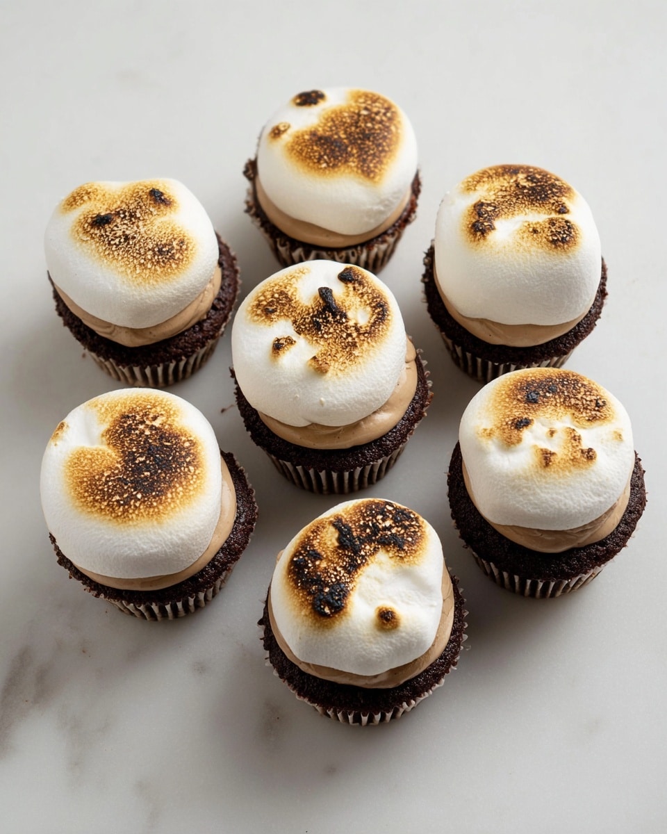 Seven small chocolate cupcakes with dark brown cake bases are topped with thick, light brown frosting layers in the middle. On top, there is a thick, fluffy white marshmallow layer with browned, toasted spots, giving a slightly caramelized look. The cupcakes are placed on a white marbled surface, arranged in a loose circle with some spacing between them. The photo taken with an iphone --ar 4:5 --v 7