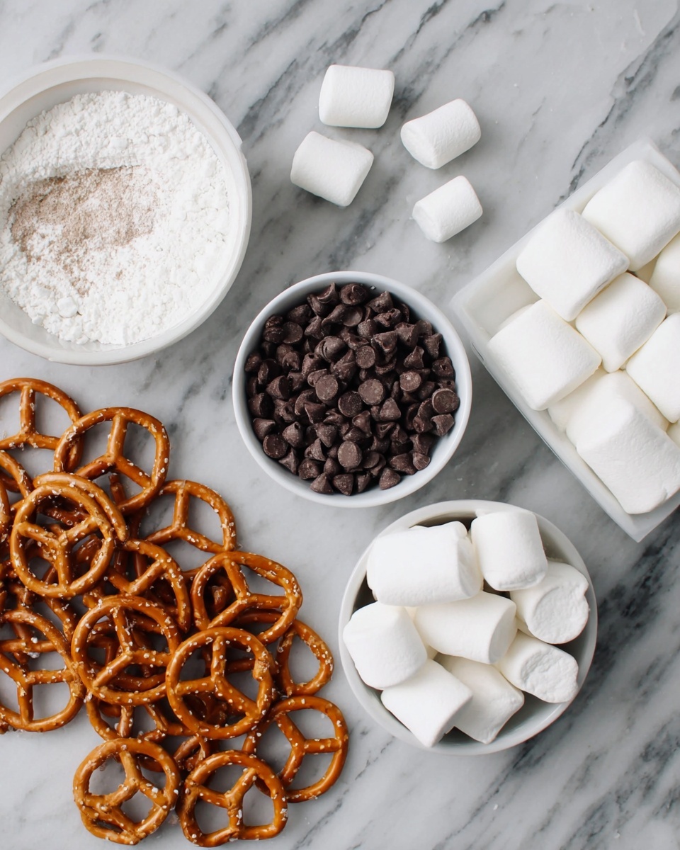 The image shows a flat lay of several ingredients on a white marbled surface. In the top right corner, there are six large white marshmallows grouped together. Next to them on the left, a small cluster of smaller marshmallows is scattered. On the bottom left, a pile of golden-brown pretzels is spread out. To the right of the pretzels, there is a white bowl filled with dark brown chocolate chips. In the top left corner, a white bowl holds a white powdery ingredient with some powder spread on the surface of the bowl. photo taken with an iphone --ar 4:5 --v 7