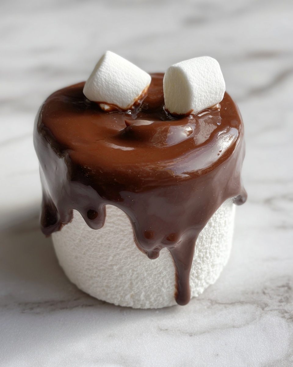 The image shows a single large white marshmallow as the base layer with a smooth layer of melted shiny dark brown chocolate poured over the top, slightly flowing down the sides. Two small white marshmallows are partially embedded in the chocolate layer on top. The background is a white marbled texture. photo taken with an iphone --ar 4:5 --v 7