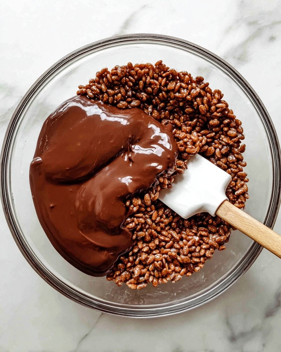 A clear glass bowl sits on a white marbled surface, filled with dark brown puffed rice cereal on one side and shiny, melted chocolate on the other side, partially mixed together by a white spatula with a light wooden handle resting inside the bowl, the chocolate smooth and glossy as it slowly covers the textured cereal pieces photo taken with an iphone --ar 4:5 --v 7