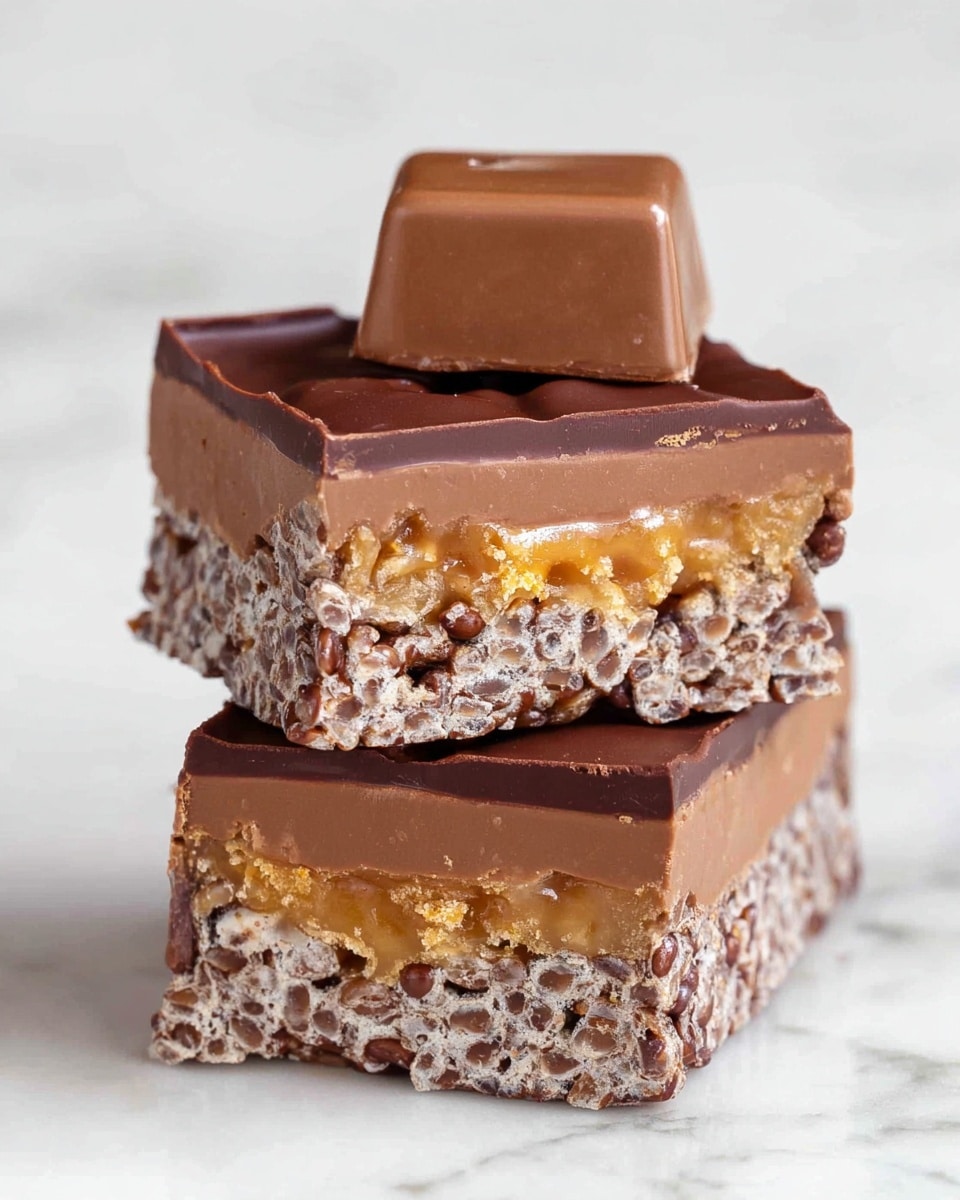 The image shows a stack of two thick snack bars with a smaller piece of chocolate candy placed on top. Each bar has two main layers: the bottom layer is a dark chocolate-covered crispy mix with visible puffed rice, giving a crunchy texture, and the top layer is a smooth, glossy milk chocolate. The smaller candy on top is square with a shiny milk chocolate coating, cut open to reveal two inner layers: a light brown soft filling and a thin golden caramel layer on top. The bars are placed on a white marbled surface. photo taken with an iphone --ar 4:5 --v 7
