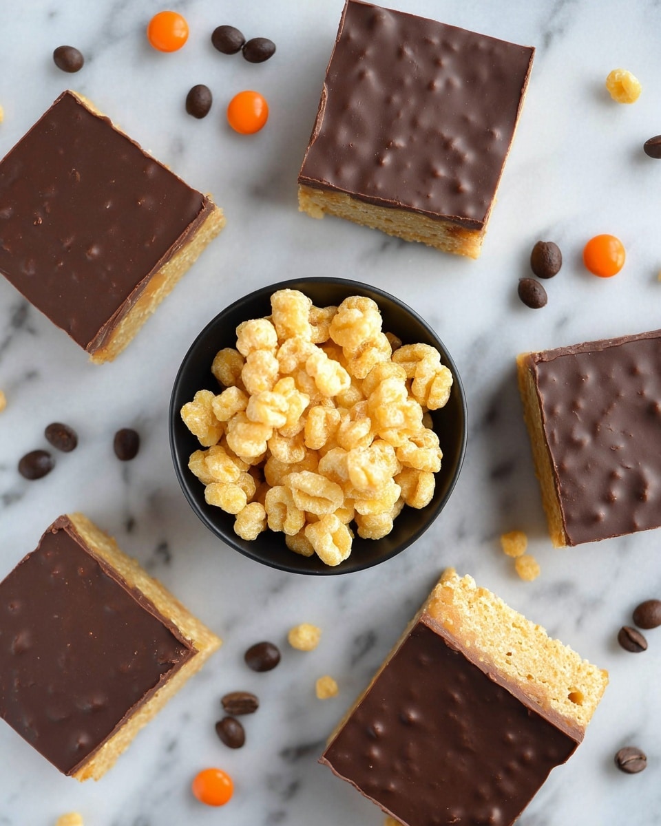 Five square dessert bars with a smooth, dark brown chocolate top layer and a light golden brown base are arranged on a white marbled surface. In the center, a small black bowl is filled with puffed, light yellow cereal pieces that have a crispy texture. Scattered around the bars and bowl are small dark coffee beans and a few orange candy drops, adding contrasting colors to the scene. photo taken with an iphone --ar 4:5 --v 7