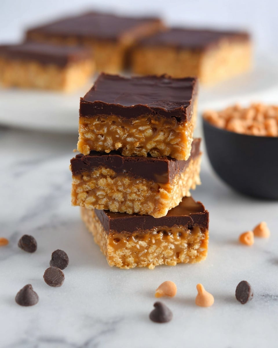 The image shows three square bars stacked on top of each other on a white marbled surface. Each bar has two layers: the bottom layer is thick and golden brown with a crunchy texture, filled with small crispy grains, while the top layer is thin and smooth with a dark chocolate brown color. In the background, parts of two more bars and a dark bowl filled with small light brown chips are blurred out. Scattered around the bars on the surface are small dark and light brown chips, adding visual detail. The photo taken with an iphone --ar 4:5 --v 7