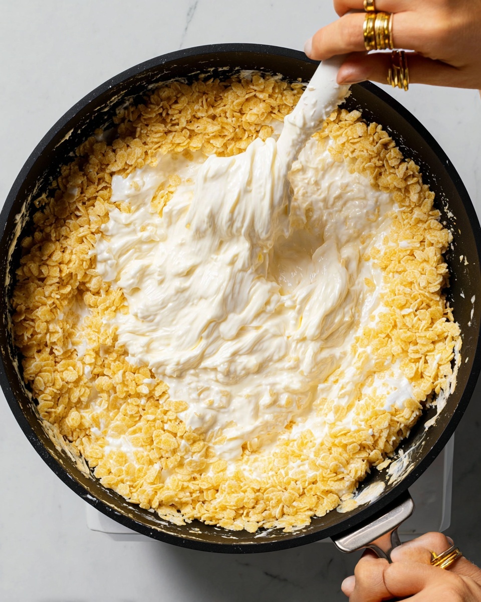 A close-up view of a black pan filled with yellow crispy rice cereal mixed with a large layer of white melted marshmallows being stirred with a white spatula over a white marbled surface. The melted marshmallows create a smooth, sticky, and stretchy texture on top of the cereal, and a woman's hand with rings is holding the pan handle on the right side. photo taken with an iphone --ar 4:5 --v 7