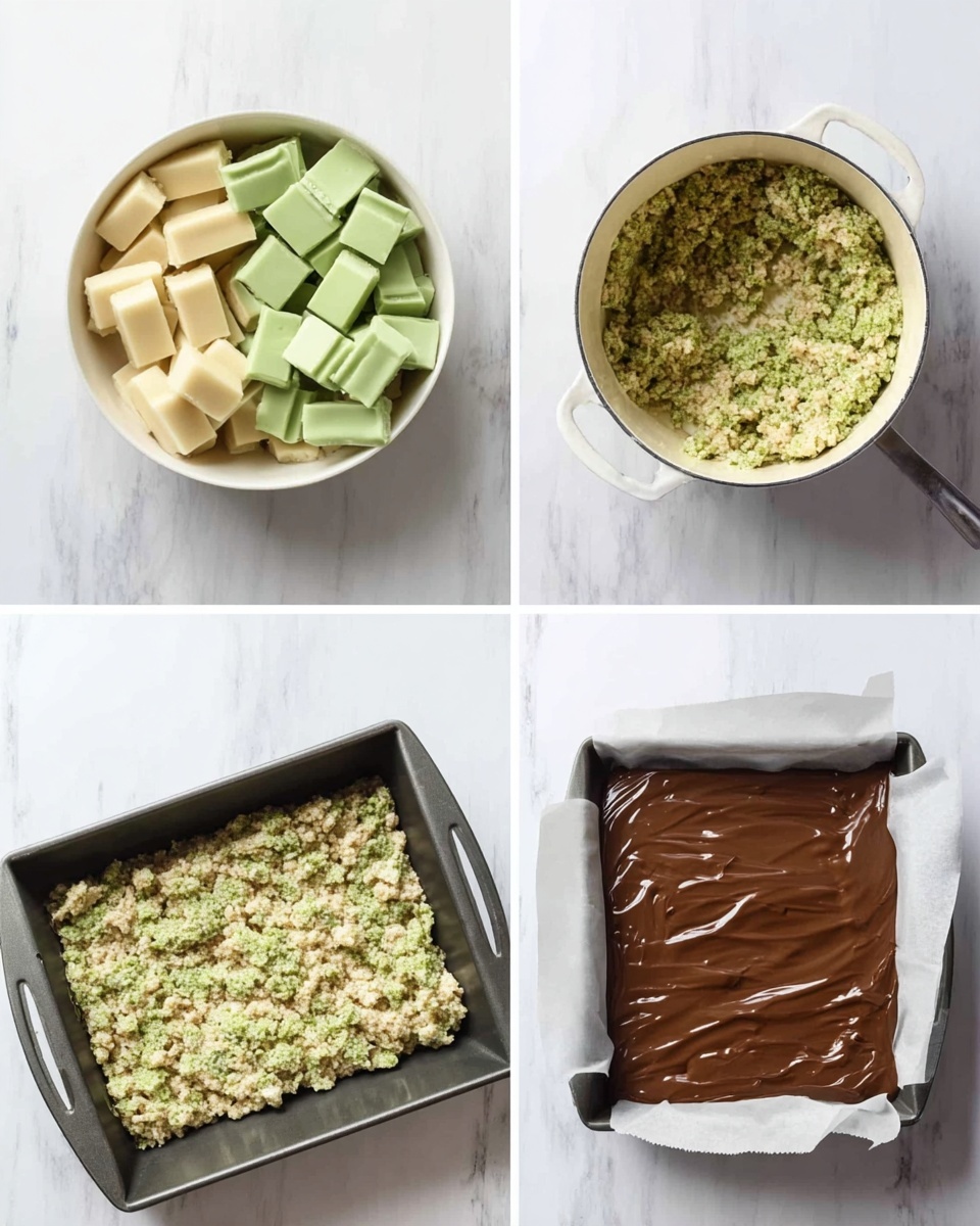 The image shows four steps of making a treat: in the first, three white bowls on a white marbled surface hold light yellow chunks, pale beige puffed rice cereal, and green mint chocolate candy bars broken in pieces. In the second, a white pot contains a sticky, greenish mixture with puffed rice cereal evenly mixed. The third shows a black square baking pan lined with white parchment paper filled with the green puffed rice mixture pressed flat and even. The last photo shows the same pan with a glossy brown chocolate spread evenly covering the green puffed rice layer beneath. Photo taken with an iphone --ar 4:5 --v 7