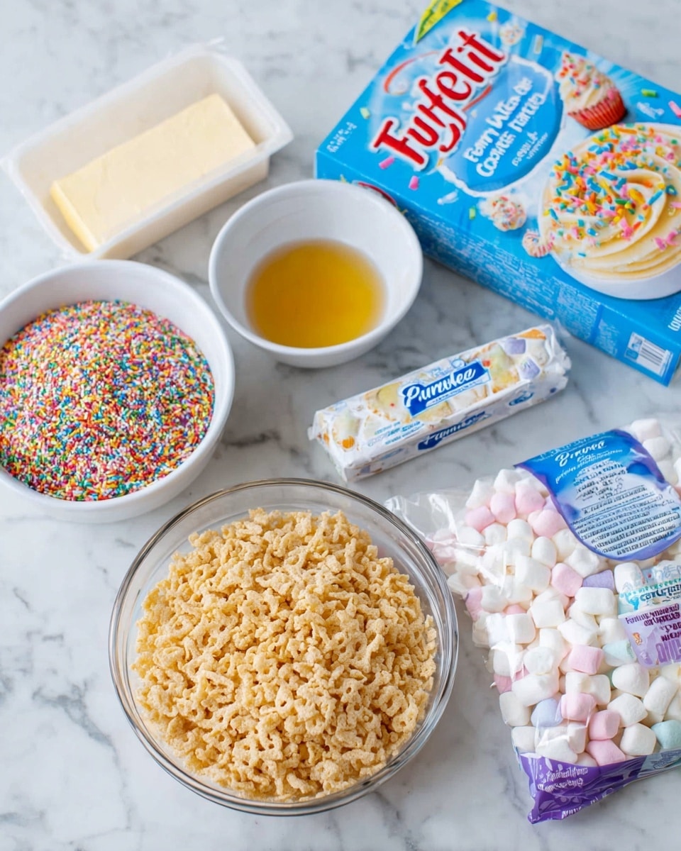 A clear glass bowl filled with light golden crispy cereal sits in the center on a white marbled surface. To its left, there is a white bowl with colorful rainbow sprinkles and another white bowl with a small amount of golden liquid. A white stick of salted butter with blue lettering rests nearby. Behind these, there is a white plastic container of Funfetti vanilla frosting topped with rainbow sprinkles and a blue box of Funfetti cake and cupcake mix with colorful confetti dots on the package. To the right, there is an open bag of mini white marshmallows with blue and purple design. photo taken with an iphone --ar 4:5 --v 7