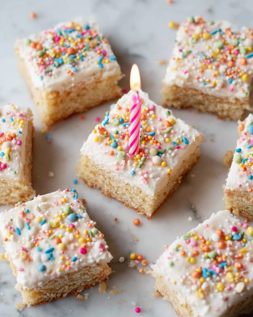 The image shows nine square pieces of a dessert arranged on a white marbled surface. Each piece has two layers of light golden brown cake with a thick layer of white frosting on top. The frosting is covered with colorful round and rod-shaped sprinkles scattered unevenly. One piece in the middle has a pink and white striped birthday candle standing upright, with a small flame burning at the top. The texture of the cake looks soft and crumbly, while the frosting appears smooth and creamy. Photo taken with an iphone --ar 4:5 --v 7