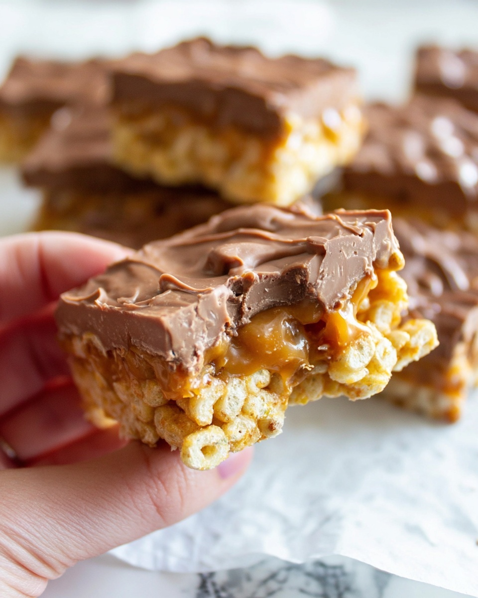 A close-up of a square snack bar held by a woman's hand, showing three layers: the bottom layer is made of light yellow puffed cereal pieces, the middle layer is sticky and creamy caramel-colored, and the top layer is smooth milk chocolate with slight texture and uneven edges. In the background, more bars are stacked, all on a white marbled surface. Photo taken with an iphone --ar 4:5 --v 7
