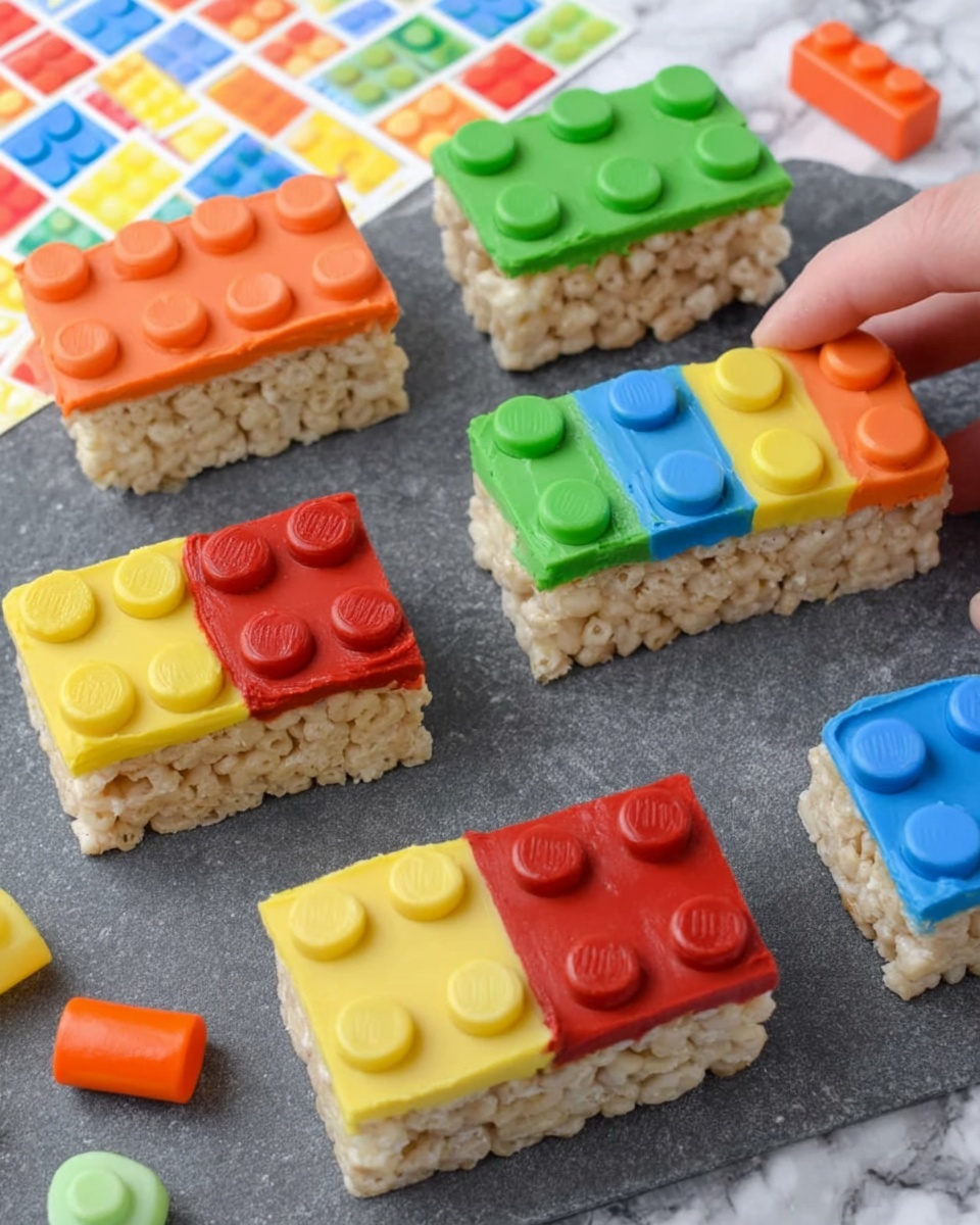 The image shows several rectangular rice treats laid out on a dark gray stone surface with a colorful LEGO-style pattern paper in the background. Each treat has two layers: a base of light beige rice cereal and a thick top spread of bright colored frosting in red, yellow, blue, green, or orange. On top of each frosting layer, round candy pieces matching LEGO studs are placed, with colors corresponding to the frosting: yellow candies on yellow frosting, red on red, blue on blue, green on green, and orange on orange. There are also some orange, blue, green, red, and yellow candy pieces scattered near the treats, along with small LEGO bricks in orange, blue, red, and white. A woman's hand is seen placing or picking up one of the treats. The surface is changed to a white marbled texture. photo taken with an iphone --ar 4:5 --v 7