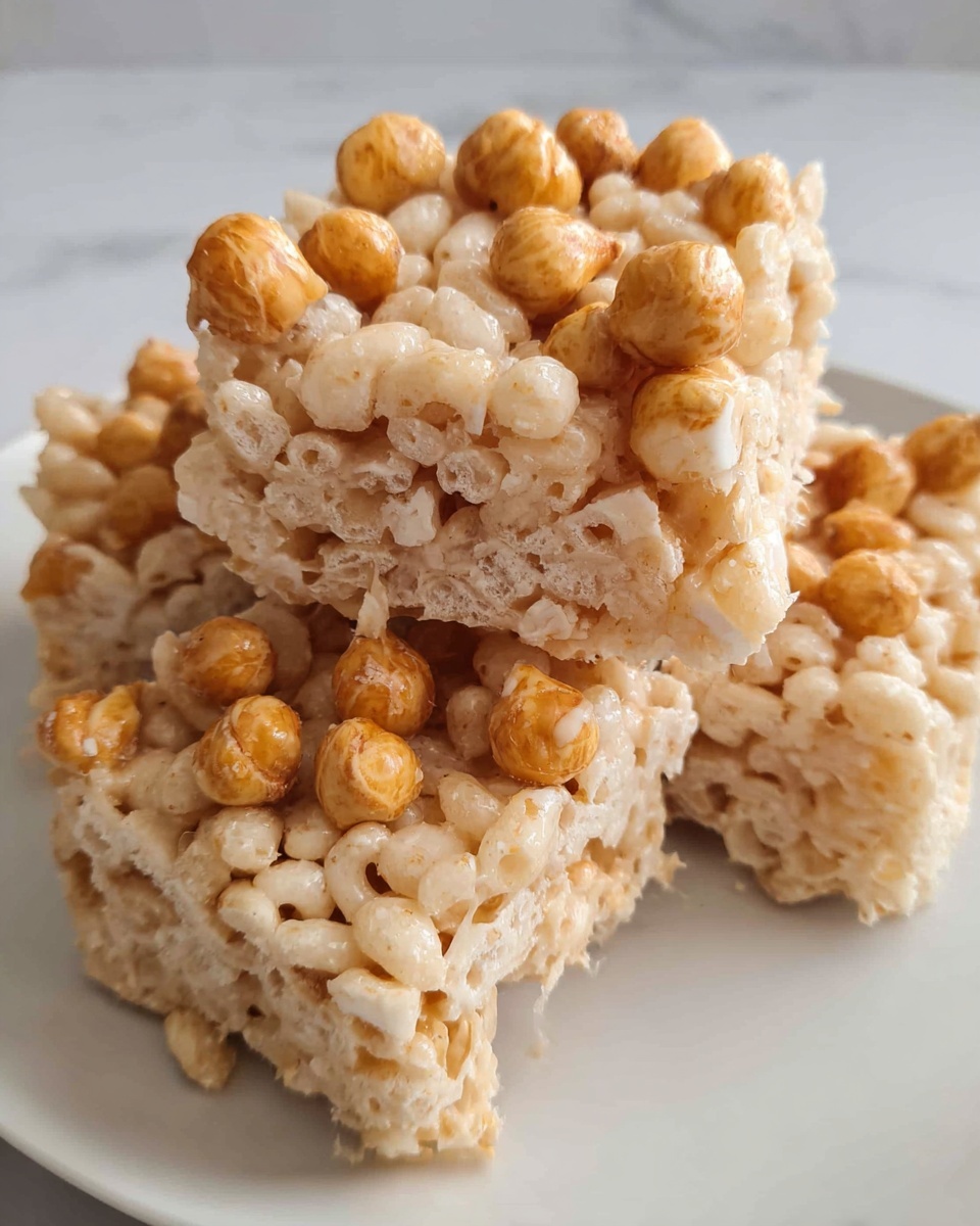 A close-up image shows three square-shaped treats stacked on a white plate with a white marbled background. Each treat has two layers: the base layer is a light beige mixture of puffed rice cereal that looks airy and crisp, while the top layer is scattered with small, round, golden-brown roasted chickpeas mixed into the puffed rice, giving a crunchy texture. The treats have an uneven, slightly rough surface with some visible sticky strands holding the ingredients together. photo taken with an iphone --ar 4:5 --v 7