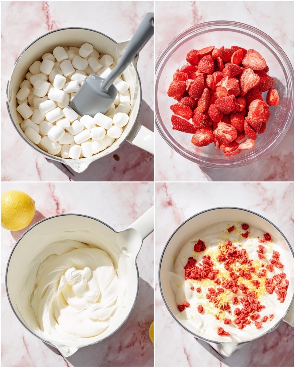 The image shows four photos in a grid on a white marbled surface. The top left photo has a white pot filled with many small, white marshmallows and a grey spatula resting inside. The top right photo displays a clear blender bowl filled with bright red dried strawberry slices. The bottom left photo shows the white pot again, now containing a smooth, fluffy white cream being mixed with the grey spatula. The bottom right photo shows the same pot with the white cream now mixed with crushed red dried strawberries and yellow lemon zest on top, with a half lemon placed just outside the pot. Photo taken with an iphone --ar 4:5 --v 7