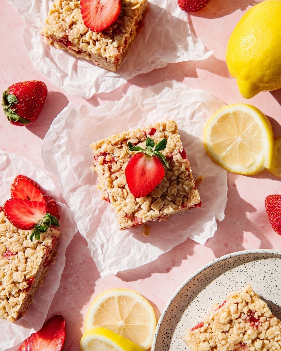 The image shows three square strawberry oat bars with a light golden-brown crispy texture and red strawberry pieces scattered inside. One bar is centered on crumpled white parchment paper, topped with a halved fresh red strawberry with green leaves. Another bar is placed on crumpled white parchment paper near the top right, next to a lemon wedge with a bright yellow rind and pale yellow inside. The third bar is partially visible in the bottom right corner on a white speckled plate, accompanied by a lemon slice. The background is a soft pink with whole and halved fresh strawberries and lemon wedges arranged around the bars. The surface is white marbled. photo taken with an iphone --ar 4:5 --v 7