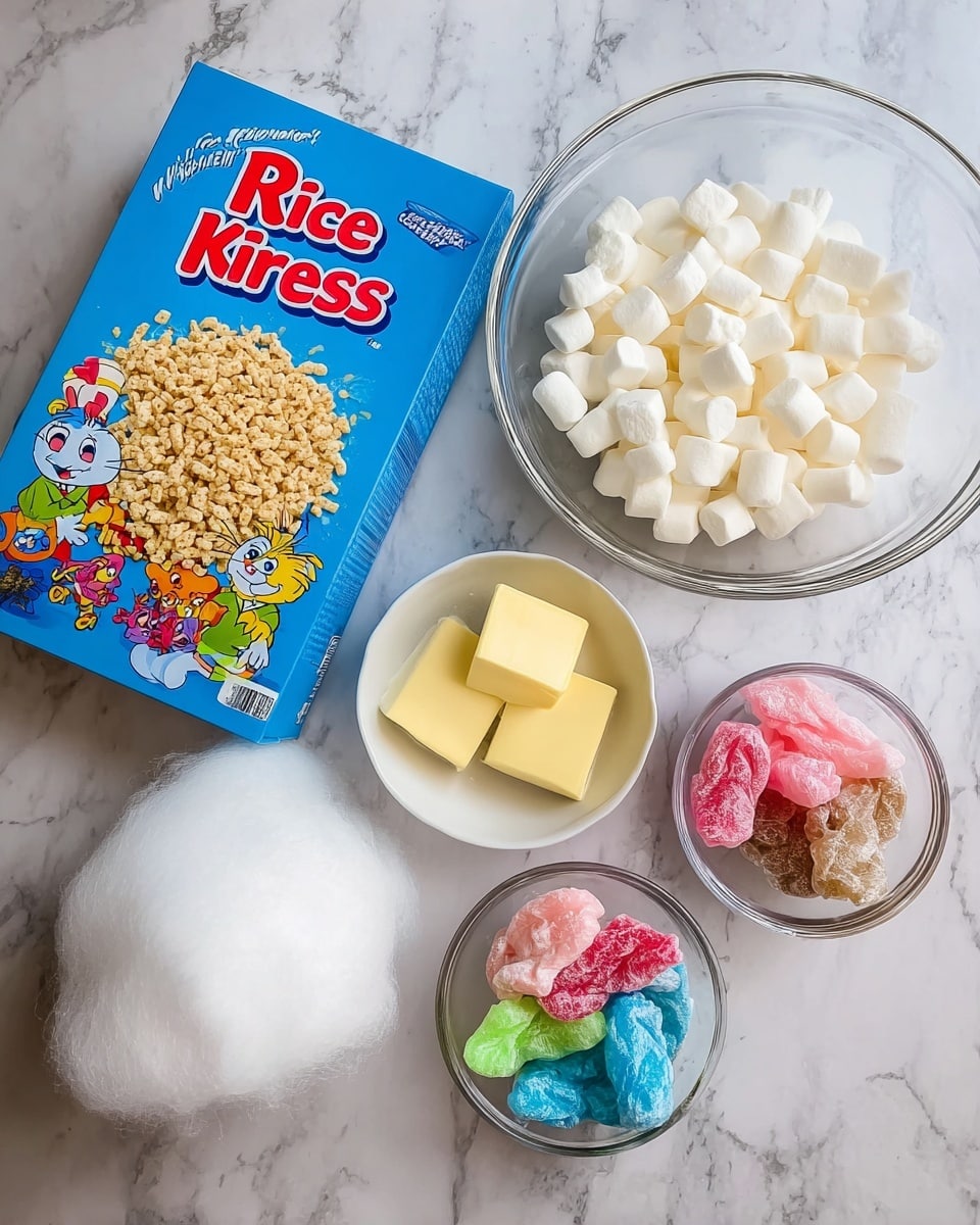 A flat lay of ingredients on a white marbled surface featuring a bright blue box of Rice Krispies cereal on the left side with colorful cartoon characters on it; next to it on the right is a clear glass mixing bowl filled with small white marshmallows and three small blocks of pale yellow butter on top; below this is a small white bowl filled with fluffy white cotton candy, and a small clear glass bowl to the right contains a mix of brightly colored wrapped fruit chews in pink, blue, green, and brown wrappers. Photo taken with an iphone --ar 4:5 --v 7
