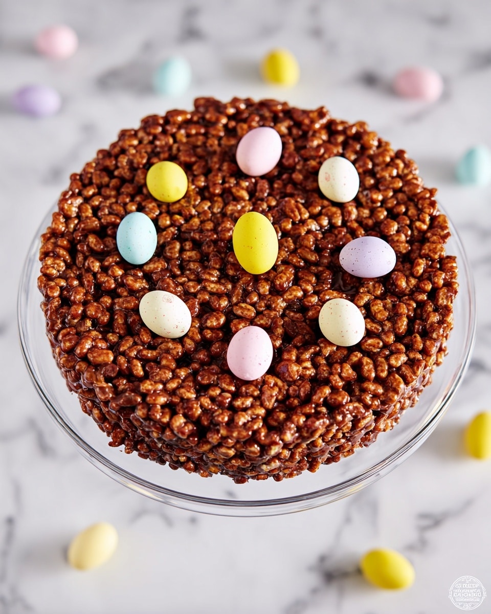 A round, thick chocolate crispy cake sits on a clear glass stand over a white marbled surface. The cake has one visible layer made of shiny dark chocolate-coated crispy puffed grains, giving it a bumpy texture. On top, there are small colorful candy eggs in pastel colors—pink, white, yellow, and light purple—spaced evenly around the edge and one in the center, adding a festive touch. The background is softly blurred with hints of similar pastel candy eggs scattered around. photo taken with an iphone --ar 4:5 --v 7