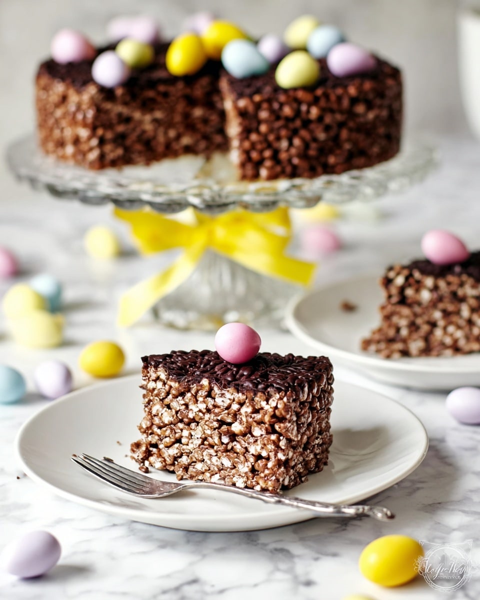 A slice of chocolate crispy rice cake sits on a white plate, showing one thick layer made of crispy rice coated in dark chocolate. The top of the cake has a small pink candy egg, adding a touch of color. The cake is dense yet textured, revealing the airy rice pieces throughout. In the background, the rest of the cake stands on a clear glass cake stand decorated with a yellow ribbon tied around its stem; this cake is cut into pieces and topped with colorful pastel candy eggs in pink, purple, yellow, and white. The white marbled surface holds scattered pastel candy eggs, complementing the scene. A silver fork rests on the plate beside the cake slice. Photo taken with an iphone --ar 4:5 --v 7