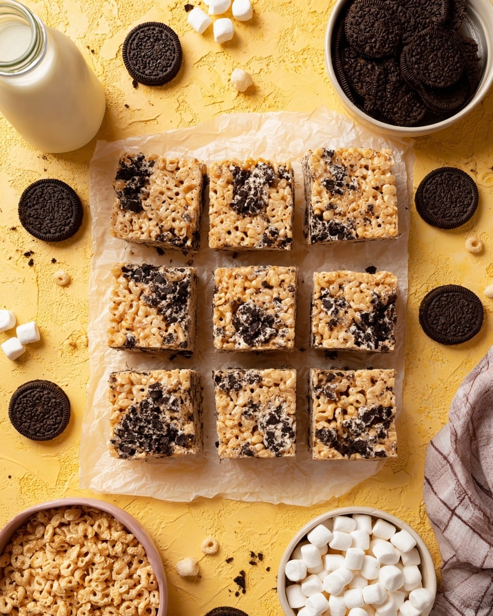 The image shows nine square bars of a light golden crispy treat with visible chunks of crushed dark chocolate sandwich cookies mixed throughout. The bars are arranged in three rows on a sheet of parchment paper resting on a yellow textured surface. Around the squares are whole chocolate sandwich cookies, a small glass bottle of milk, a white bowl filled with crushed crispy cereal, and a smaller white bowl containing white mini marshmallows. The scene is bright and inviting with a casual, homemade feel. photo taken with an iphone --ar 4:5 --v 7