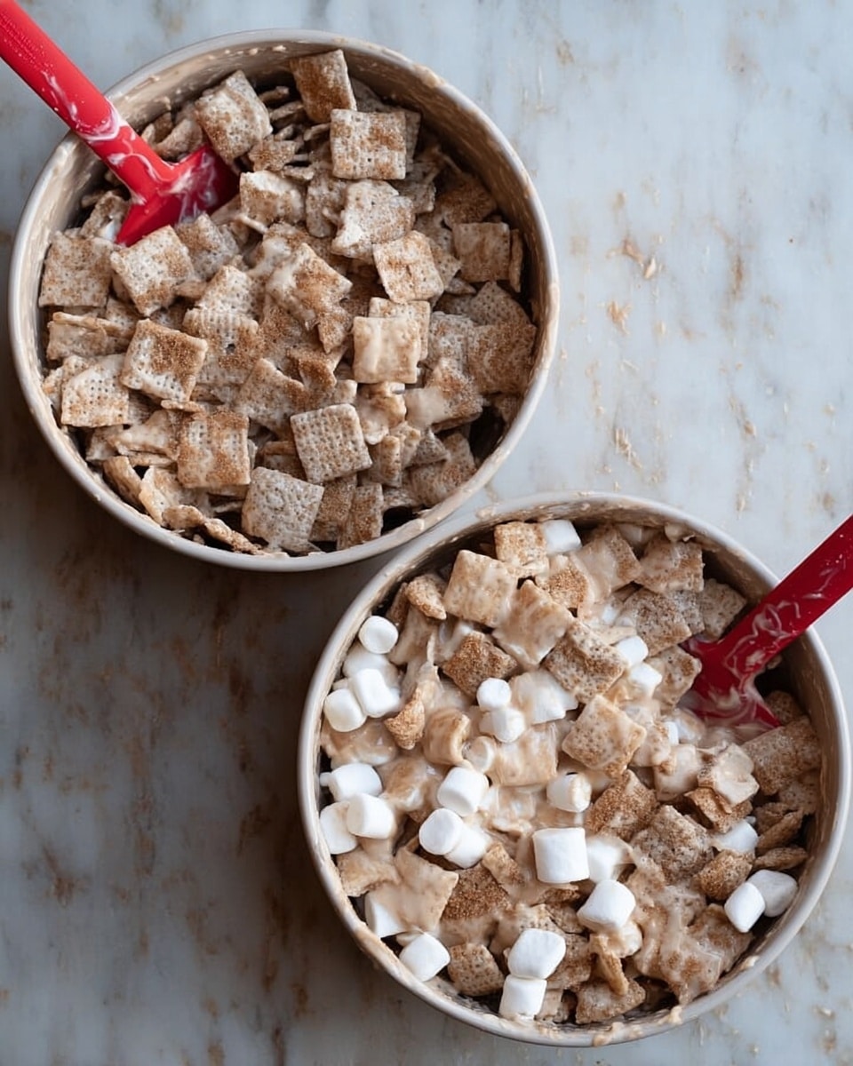 The image shows two round white bowls filled with a mix of cereal squares and mini white marshmallows in a light brown creamy mixture. Each bowl has a red spatula inside, partially covered in the same cereal mix. The left bowl contains mostly cereal squares in a smooth, creamy sauce with no visible marshmallows, while the right bowl has the same creamy mixture but with plenty of mini marshmallows scattered throughout. The bowls are placed on a white marbled surface. photo taken with an iphone --ar 4:5 --v 7