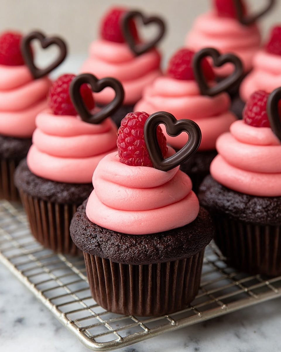 The image shows a group of chocolate cupcakes arranged on a metal cooling rack, each cupcake topped with two thick, smooth layers of bright pink frosting. On top of the frosting sits a single fresh red raspberry, with a small dark chocolate heart decoration positioned behind the raspberry on each cupcake. The cupcakes have deep brown bases with a slightly textured surface, and the frosting is swirled to create a tall, soft peak. The background surface is a white marbled texture. photo taken with an iphone --ar 4:5 --v 7