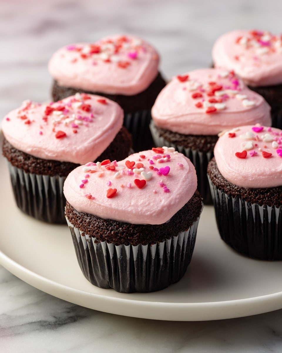 A white plate holds six heart-shaped chocolate cupcakes, each topped with a thick pink frosting layer that is smooth but slightly textured. The pink frosting is sprinkled with small red, pink, and white heart-shaped decorations, scattered across the surface. The dark brown cupcake base is visible underneath the frosting, and each cupcake is wrapped in a black paper liner. The plate rests on a white marbled surface. photo taken with an iphone --ar 4:5 --v 7