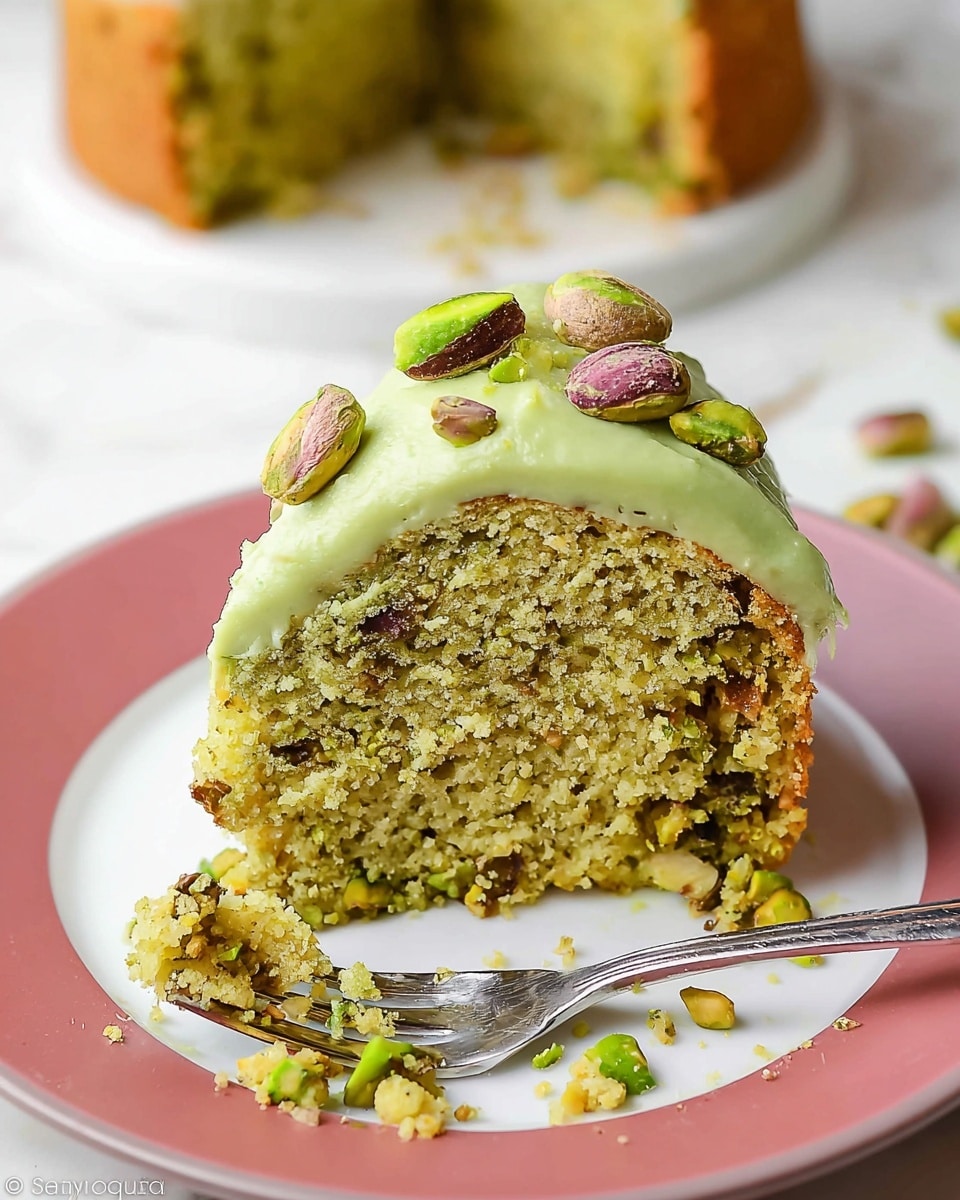 A close-up of a single slice of pistachio cake with a moist, crumbly texture showing green and brown bits of pistachio nuts inside. The slice is topped with a smooth layer of pale green frosting, decorated with whole and halved pistachio nuts on top. The slice sits on a white plate with a pink rim, with a fork partly inserted at the bottom right of the slice. There are a few loose pistachio nuts and crumbs scattered on the plate. The background shows a blurred view of the rest of the cake on a white plate, set on a white marbled surface. Photo taken with an iphone --ar 4:5 --v 7