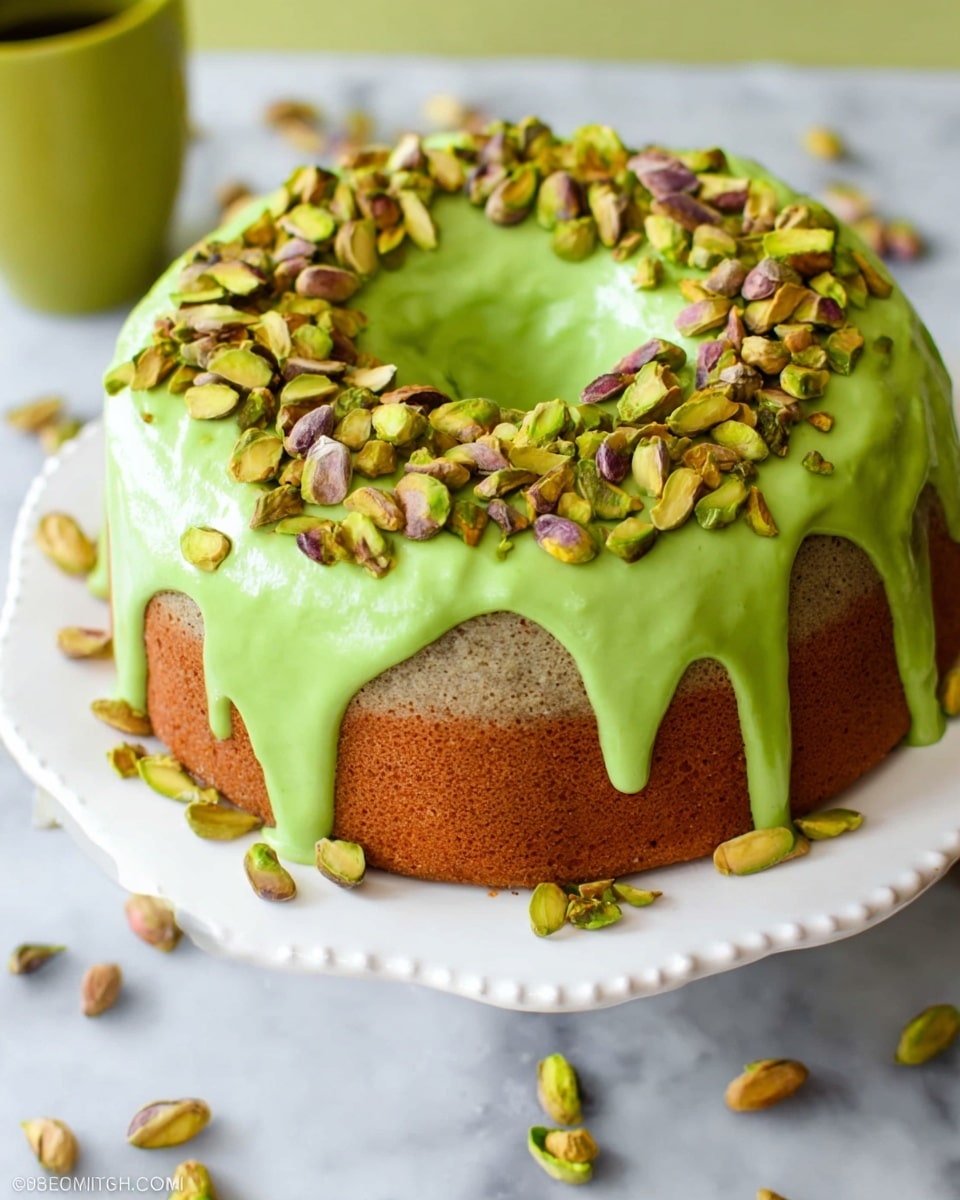 A round cake with a light brown texture sits on a white plate with a scalloped edge. The top of the cake is covered with a thick, bright green frosting that drips down the sides unevenly. Scattered over the green frosting are many whole and halved pistachio nuts, showing their green and golden colors. The setup is on a white marbled surface with some pistachio nuts placed loosely around the plate in the background. photo taken with an iphone --ar 4:5 --v 7