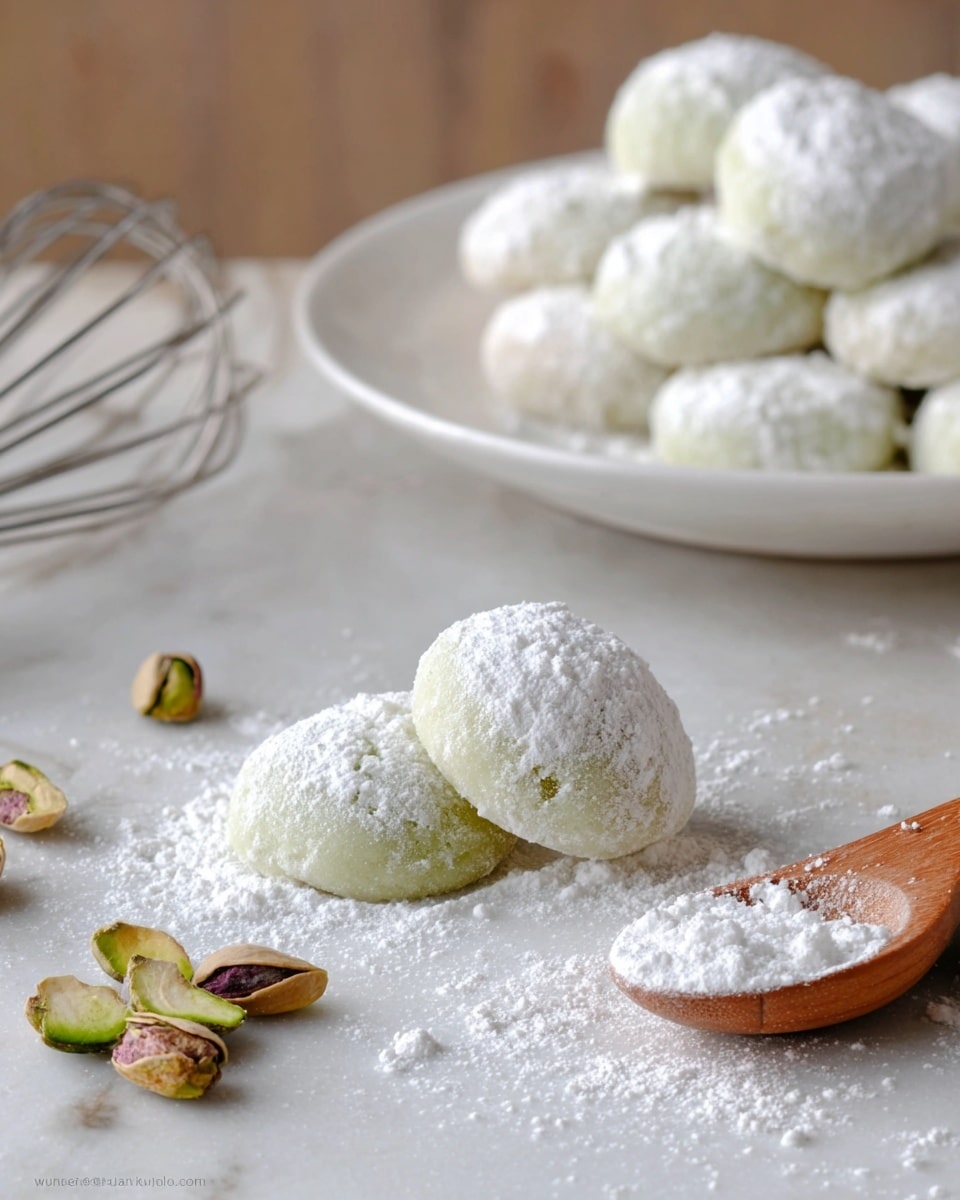 The image shows three round, light green cookies covered lightly with white powdered sugar, arranged close together on a white marbled surface. Behind them is a white plate filled with more of these green, powdery cookies. Scattered around on the surface are three partially opened pistachio nuts and a wooden spoon with white powdered sugar inside and around it. A metal whisk is partially visible to the left of the cookies. The overall scene is soft-focused with a gentle light highlighting the textures and colors. Photo taken with an iphone --ar 4:5 --v 7