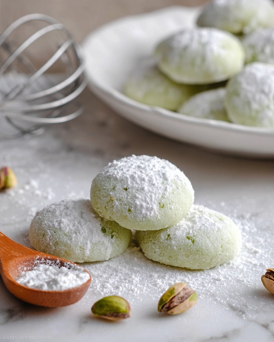 The image shows three pale green round cookies covered lightly with white powdered sugar, placed on a white marbled surface dusted with extra powdered sugar. Behind them is a white plate piled with more of the same cookies, all round and coated evenly. To the right, there is a wooden spoon holding extra powdered sugar with some spilled around it on the surface. Scattered pistachio nuts in their shells add small touches of brown and green near the cookies. The scene is softly lit and includes part of a metal whisk on the left side. Photo taken with an iphone --ar 4:5 --v 7