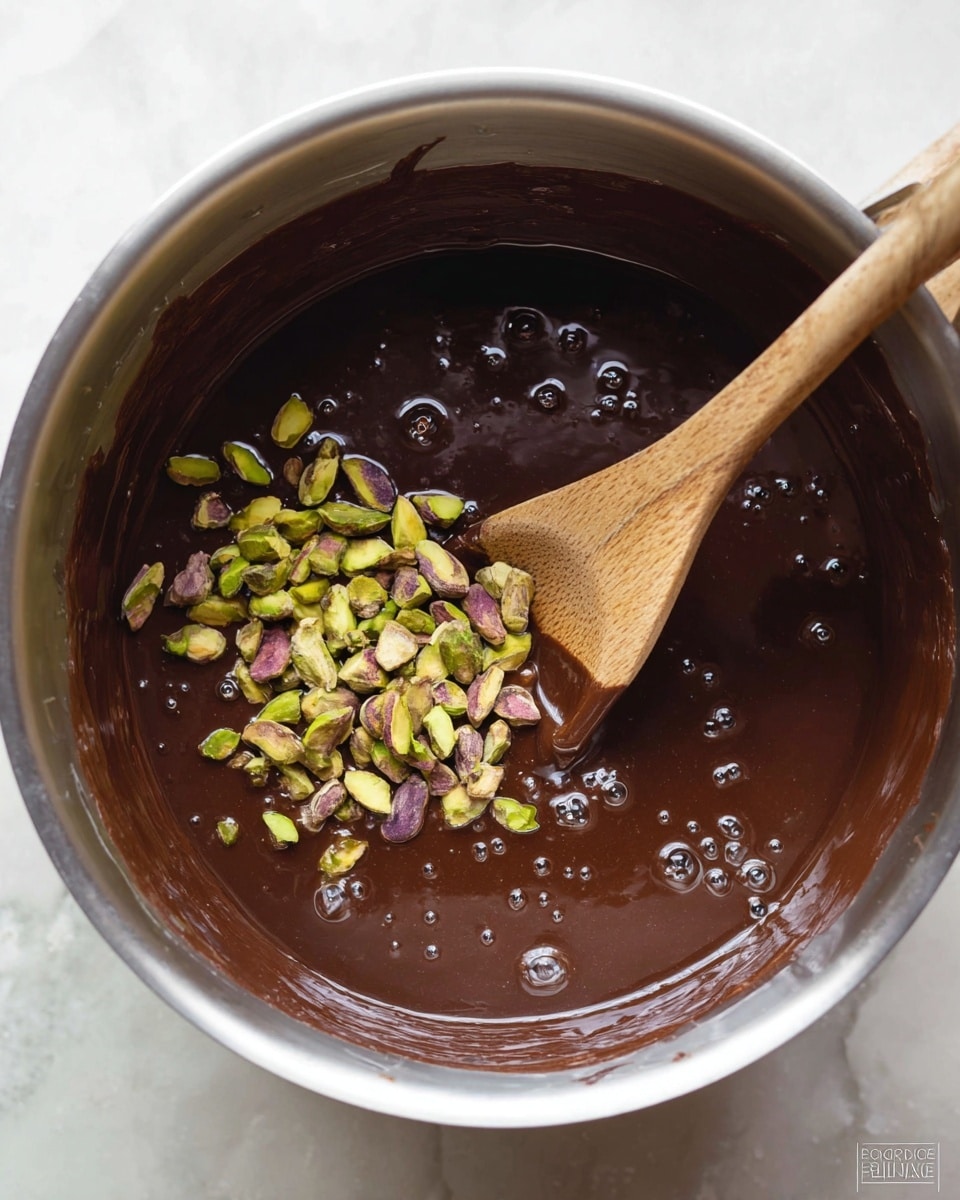 A metal bowl filled with a thick, shiny dark brown chocolate mixture with small bubbles on the surface, showing a thick texture. On top of the chocolate layer, there is a small pile of green and purple shelled pistachios being stirred by a wooden spoon with a visible smooth wood texture resting inside the bowl. The bowl sits on a white marbled surface. photo taken with an iphone --ar 4:5 --v 7