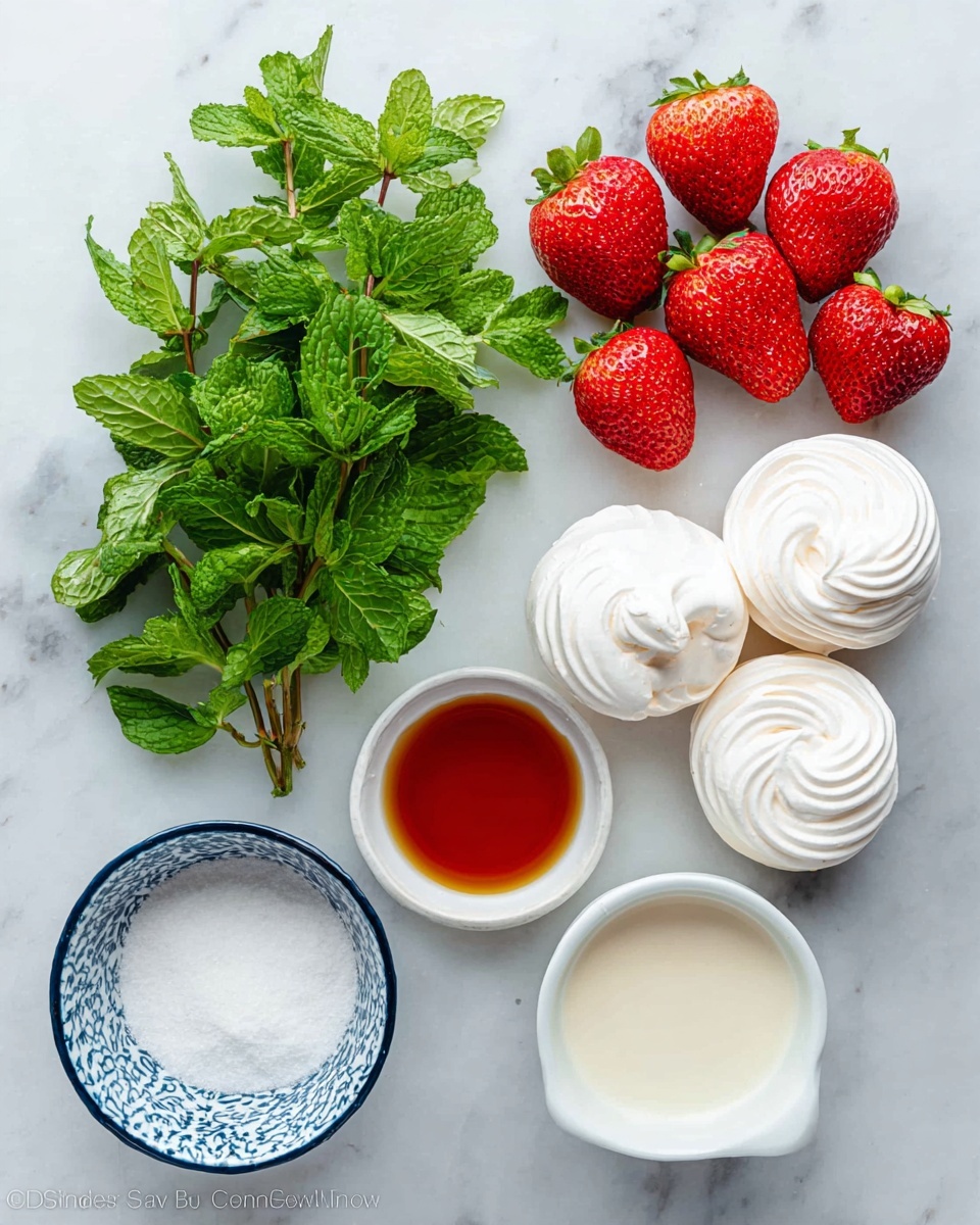 The image shows ingredients arranged on a white marbled surface. On the top are bright red strawberries with green leaves. Below the strawberries, on the left, is a bunch of fresh green mint leaves. Next to the mint on the right are three white, round swirled meringues stacked slightly on each other. Below this group are two small white bowls; one filled with a dark amber liquid and the other filled with a light cream. To the left of these bowls is a larger bowl with a white and blue patterned rim, filled with white sugar. Photo taken with an iphone --ar 4:5 --v 7