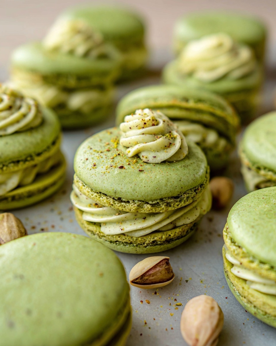 The image shows a close-up of green pistachio macarons arranged on a white marbled surface. Each macaron has two smooth green round shells with a slightly rough edge, sandwiching a light green, creamy, and nut-speckled filling. The creamy filling is seen piped in a swirl on a few open-faced macarons, showing its soft texture. Scattered around the macarons are a few pistachio nuts in their beige shells. The focus is sharp on the macarons in the foreground, with the background gently blurred, highlighting the texture of the shells and filling. Photo taken with an iphone --ar 4:5 --v 7