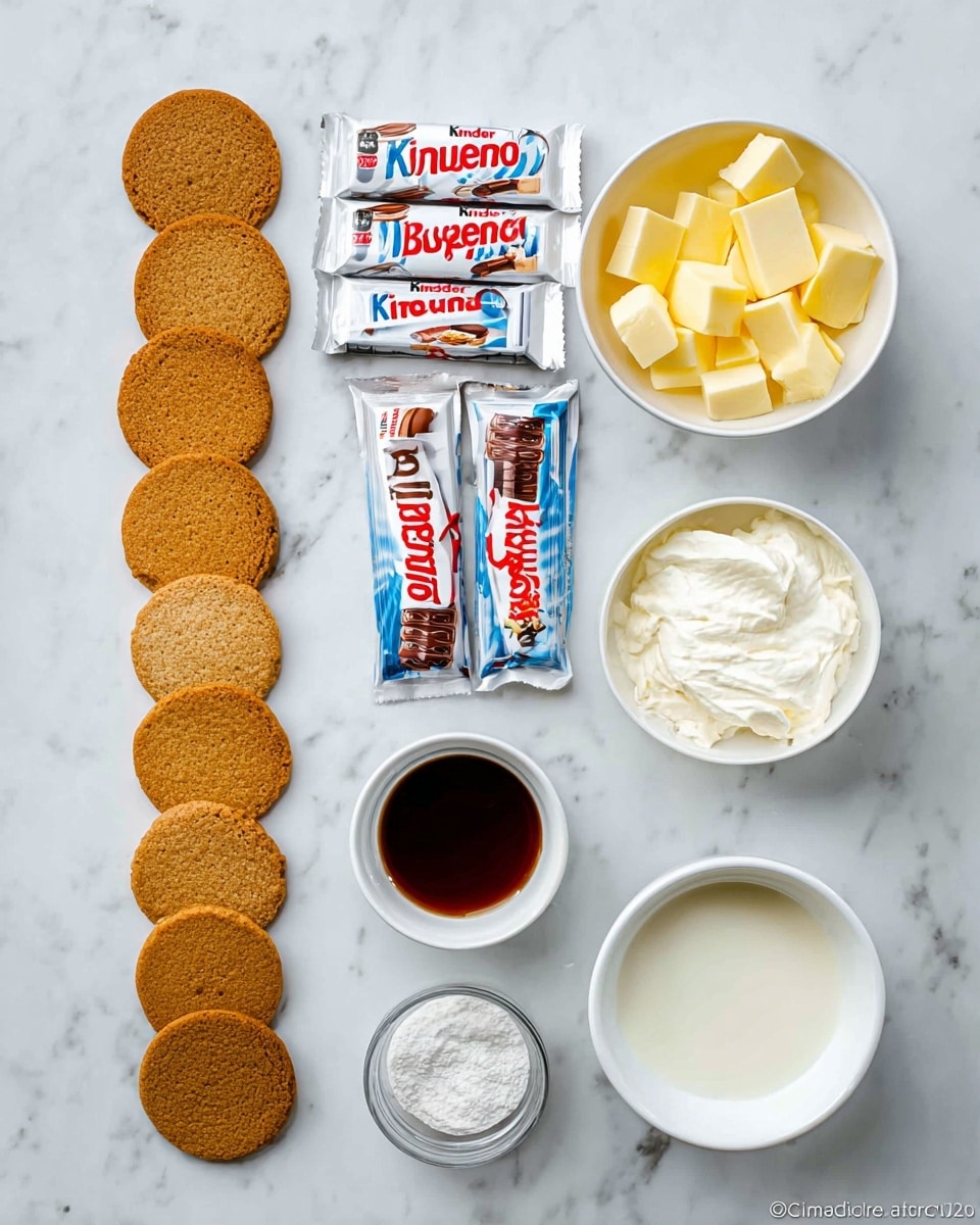 A top view of ingredients on a white marbled surface includes a row of nine round golden brown cookies on the left; next to them, two Kinder Bueno chocolate bars in white packaging with red and blue text; above these, three Kinder Chocolate bars in white wrappers with red and blue text arranged horizontally. To the right, there is a white bowl filled with yellow butter cubes, a small white bowl containing a dark brown liquid, another white bowl filled with a creamy white liquid, a smaller white bowl with white powder, and a final white bowl holding thick white cream. photo taken with an iphone --ar 4:5 --v 7