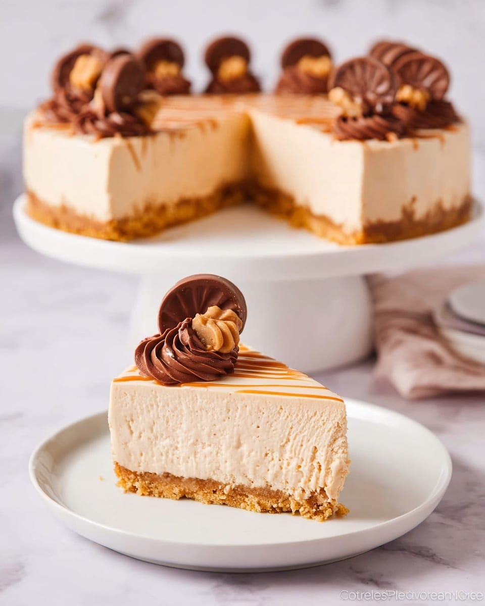 The image shows a creamy cheesecake with two layers: a thick light beige creamy layer on top and a crunchy golden brown crust at the bottom. One slice is placed on a white plate in front, decorated with a swirl of dark brown chocolate cream topped with a half chocolate candy piece. The main cake is on a white cake stand in the background, with several similar chocolate cream swirls and candy pieces on top. The smooth creamy layer has light brown drizzle patterns on its surface. The setting is on a white marbled surface with soft lighting. Photo taken with an iphone --ar 4:5 --v 7
