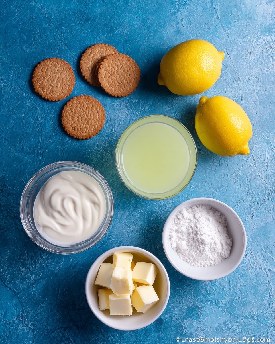 The image shows ingredients arranged neatly on a blue textured surface, including two whole yellow lemons on the top right, and a row of five round brown crackers beside them. Near the center, a transparent glass filled with a light yellow-green liquid is placed to the right of three white bowls: one with small yellow cubes of butter, one with white powdered sugar, and one with a white creamy substance. Above these bowls is a clear glass of white cream. The overall setup is clean and organized, with the blue surface providing a rich contrast to the ingredients photo taken with an iphone --ar 4:5 --v 7