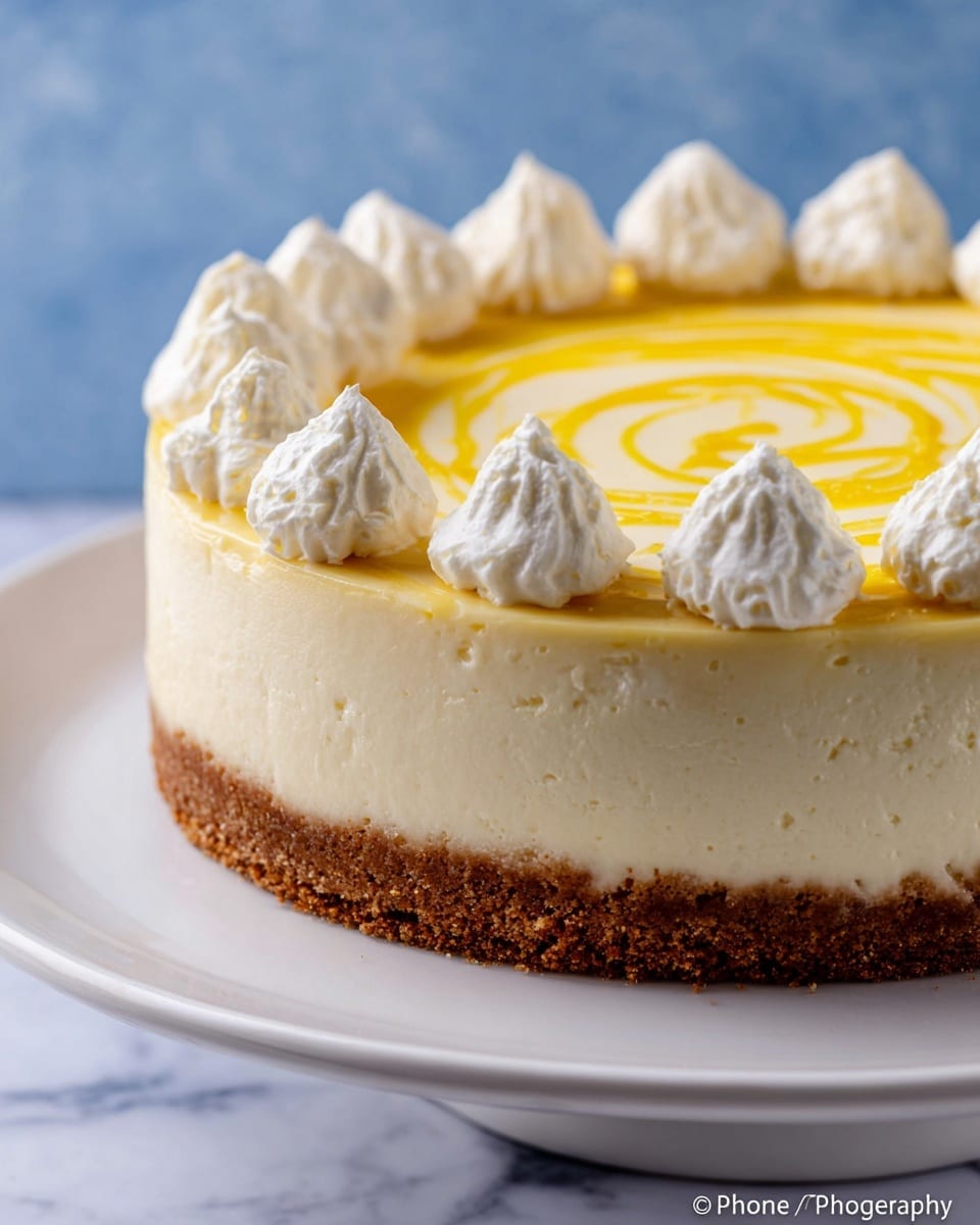 A round cheesecake sits on a white plate with a thick, crumbly brown crust at the base, topped by a tall, smooth layer of creamy white cheesecake. The top has small white whipped cream peaks evenly spaced around the edge, and a thin swirl of yellow sauce is drizzled in a circular pattern across the surface. The plate rests on a white marbled texture, and the background is a soft blue. Photo taken with an iphone --ar 4:5 --v 7