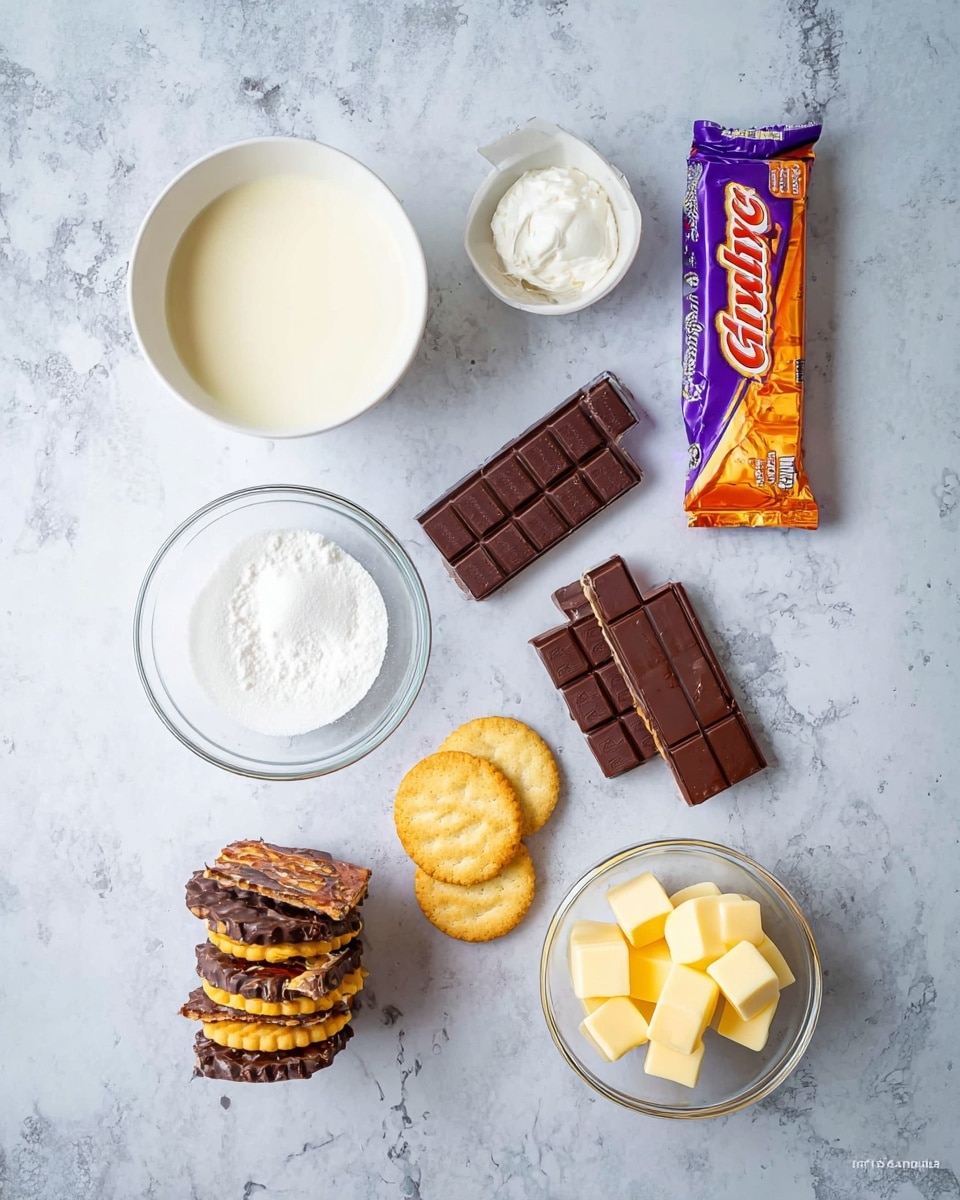 Crunchie Cheesecake Recipe 5 The image shows several ingredients placed neatly on a white marbled surface. There is a white bowl full of cream-colored liquid on the top left and below it, a white bowl with soft white cream or cheese. To the right of the bowls is a purple and orange wrapped Crunchie chocolate bar, with broken pieces of dark brown chocolate arranged beside it. Below these, there is a clear bowl with white powdered sugar and next to it, a clear bowl with small yellow cubes of butter. At the bottom right, there are four round cookies stacked, alternating between chocolate coated and plain golden. In the lower left corner, pieces of a chocolate-covered honeycomb candy are stacked with a woman's hand reaching towards one piece. Photo taken with an iphone --ar 4:5 --v 7