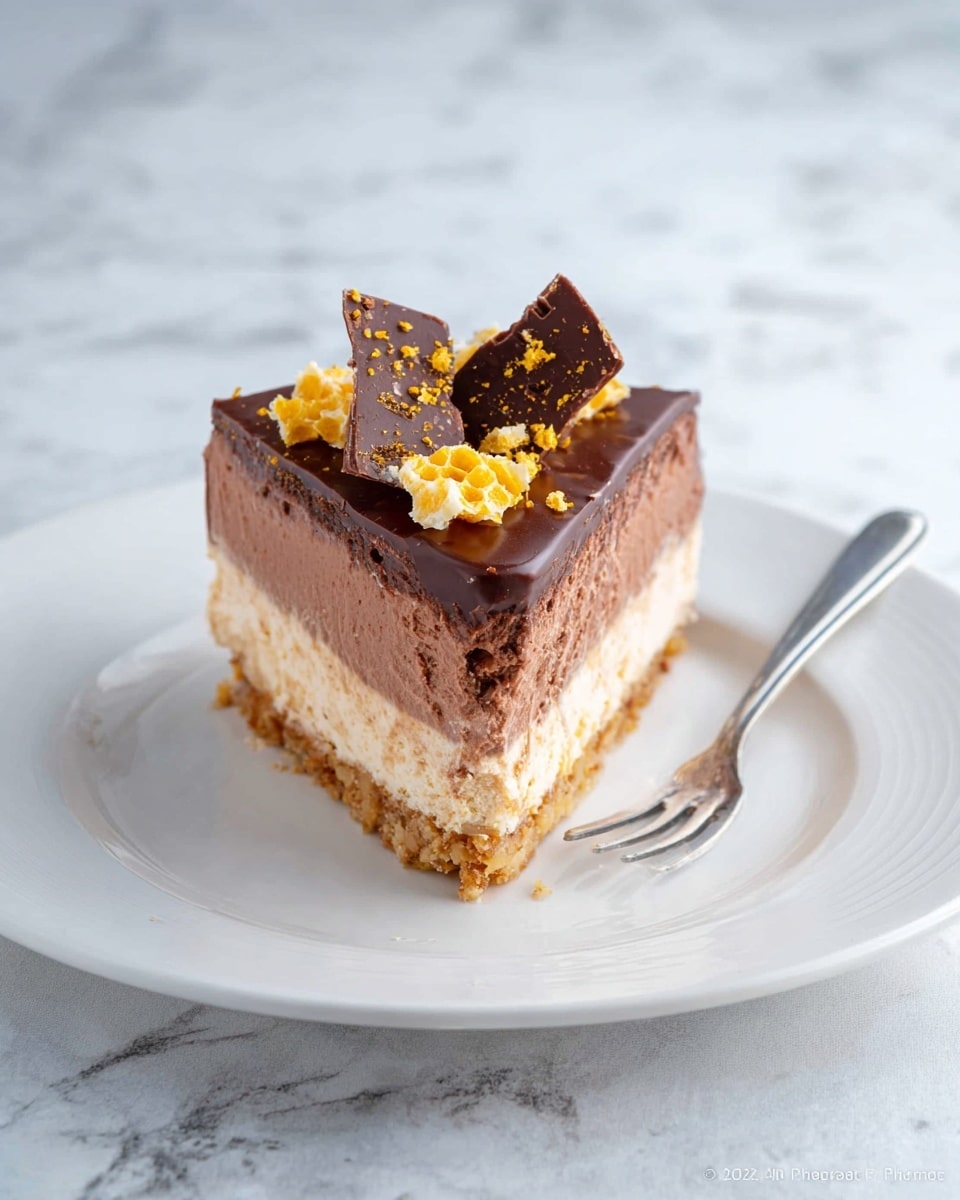 Crunchie Cheesecake Recipe 6 A slice of layered chocolate dessert is placed on a white plate with a silver fork beside it. The dessert has three visible layers: a bottom crunchy light brown base, a middle thick creamy light brown layer, and a top smooth dark brown chocolate layer. On top of the slice, there are broken pieces of chocolate wafer with dark chocolate coating and some yellow honeycomb bits. The plate sits on a white marbled surface. Photo taken with an iphone --ar 4:5 --v 7