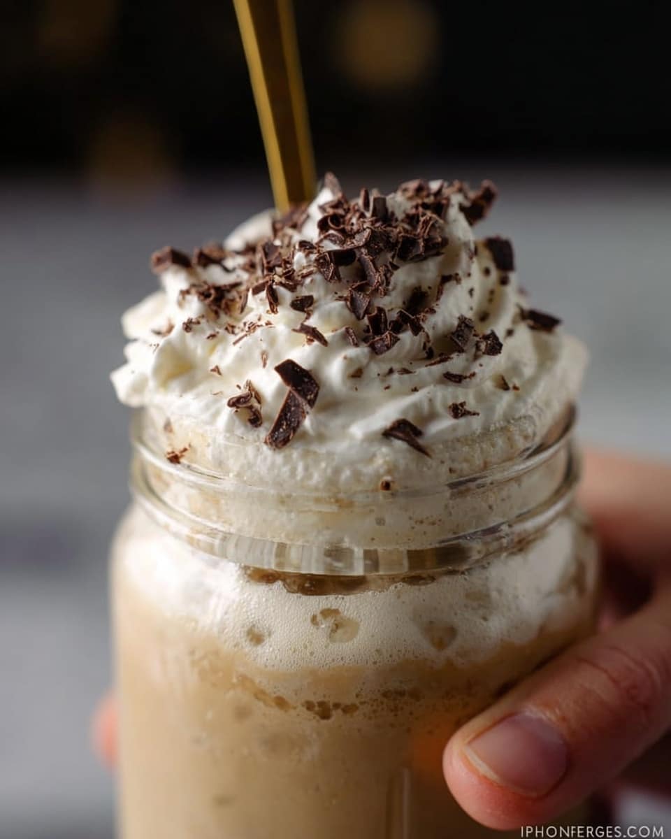 The image shows a clear glass jar filled with a light brown creamy drink. On top, there is a big layer of white whipped cream with dark brown chocolate flakes sprinkled all over it. A gold spoon is sticking out from the whipped cream. A woman's hand is holding the jar gently from the side. The background has a soft, dark blur with no distinct features, and the surface beneath has been changed to a white marbled texture. photo taken with an iphone --ar 4:5 --v 7