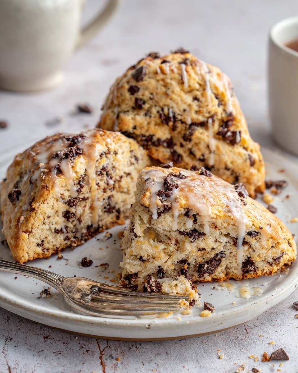 The image shows a white plate with three scones with chocolate chips, one broken to reveal a soft, crumbly light beige inside with dark chocolate pieces spread throughout. The scones have a slightly golden, crispy outside with a light glaze drizzled over some parts. A silver fork with some crumbs and chocolate bits sits on the plate, with a white marbled textured surface in the background. The scones are arranged close, with one standing upright and the broken piece resting on another. photo taken with an iphone --ar 4:5 --v 7