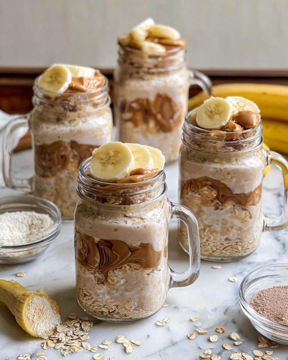 There are five clear glass jars with handles on a white marbled surface. Each jar has three visible layers: the bottom layer is light brown oats soaked in a creamy, slightly textured liquid, the middle layer is a thicker, light tan mixture with swirls of chocolate, and the top layer has sliced yellow bananas with smooth tan peanut butter dolloped over them. Around the jars, there are scattered oats, a whole peeled banana, and clear small bowls with light brown powder and white seeds, adding to the natural, fresh look. photo taken with an iphone --ar 4:5 --v 7