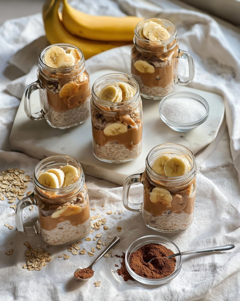 Five clear glass mugs with handles are filled with three layers of food: a bottom layer of light brown oatmeal, a middle layer of sliced light yellow bananas, and a top layer of smooth creamy peanut butter in a light brown color. They are arranged on a two-tier white marbled tray. On the top tier, there is a whole yellow banana and scattered raw oats. On the white cloth beneath the lower tier, there are two small clear glass bowls—one contains cocoa powder with a small silver spoon, and the other has white sugar. The scene is bright and natural, with soft lighting and a cozy feel. Photo taken with an iphone --ar 4:5 --v 7