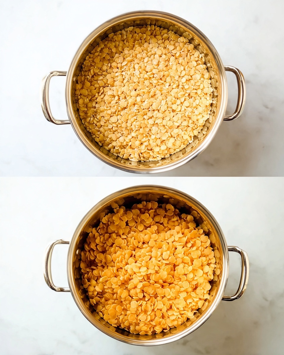The image shows a two-part view of a silver metal pot with two handles on a white marbled surface. The top part of the pot is filled with pale yellow lentils that are dry and have a rough texture, filling the pot close to the top edges. In the bottom part, the same pot holds cooked lentils that now look soft, swollen, and a bit darker yellow-orange with a moist texture, slightly filling the pot below the rim. The focus is on the lentils inside the pot against the clean white marbled background. photo taken with an iphone --ar 4:5 --v 7