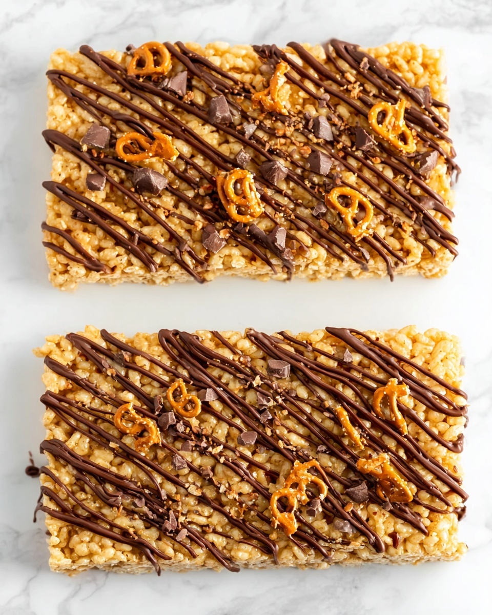 The image shows two white rectangular rice crispy treats on a white marbled surface. The top treat is a single layer of golden brown rice crisps, drizzled with smooth, dark brown chocolate sauce in diagonal lines. The bottom treat has the same single layer of golden rice crisps with diagonal chocolate drizzle, but it also has small pieces of broken orange-brown pretzels and mini peanut butter cup chocolates scattered evenly on top, adding texture and color contrast with the golden crisps and dark chocolate. photo taken with an iphone --ar 4:5 --v 7