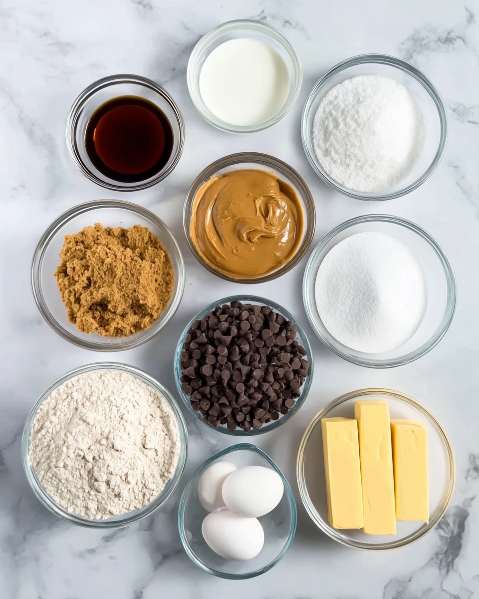 The image shows eleven clear glass bowls on a white marbled surface, each containing different baking ingredients arranged neatly. From top left, there is a small bowl with a dark brown liquid, next to it a bowl of white liquid, and to the right a smaller bowl of white powdery salt. Below, a larger bowl of smooth light brown peanut butter sits beside a bowl of light brown brown sugar with a crumbly texture and a bowl of crushed light brown powder. Two white eggs are in a small bowl, next to a larger bowl full of dark brown chocolate chips. Near the bottom left, a bowl of white flour sits beside a bowl of white granulated sugar, and at the very bottom a bowl contains three yellow sticks of butter aligned vertically. All bowls are spaced evenly and the shot is taken from above. Photo taken with an iphone --ar 4:5 --v 7