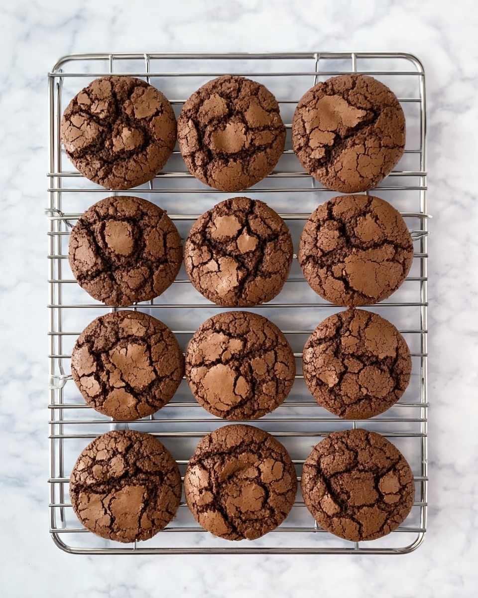 The image shows nine round chocolate cookies with cracked tops, placed evenly on a silver cooling rack. Each cookie has a rich, dark brown color with lighter brown patches inside the creases, giving them a textured, chunky look. The cooling rack is placed on a white marbled surface that adds a clean and bright contrast to the dark cookies. Photo taken with an iphone --ar 4:5 --v 7