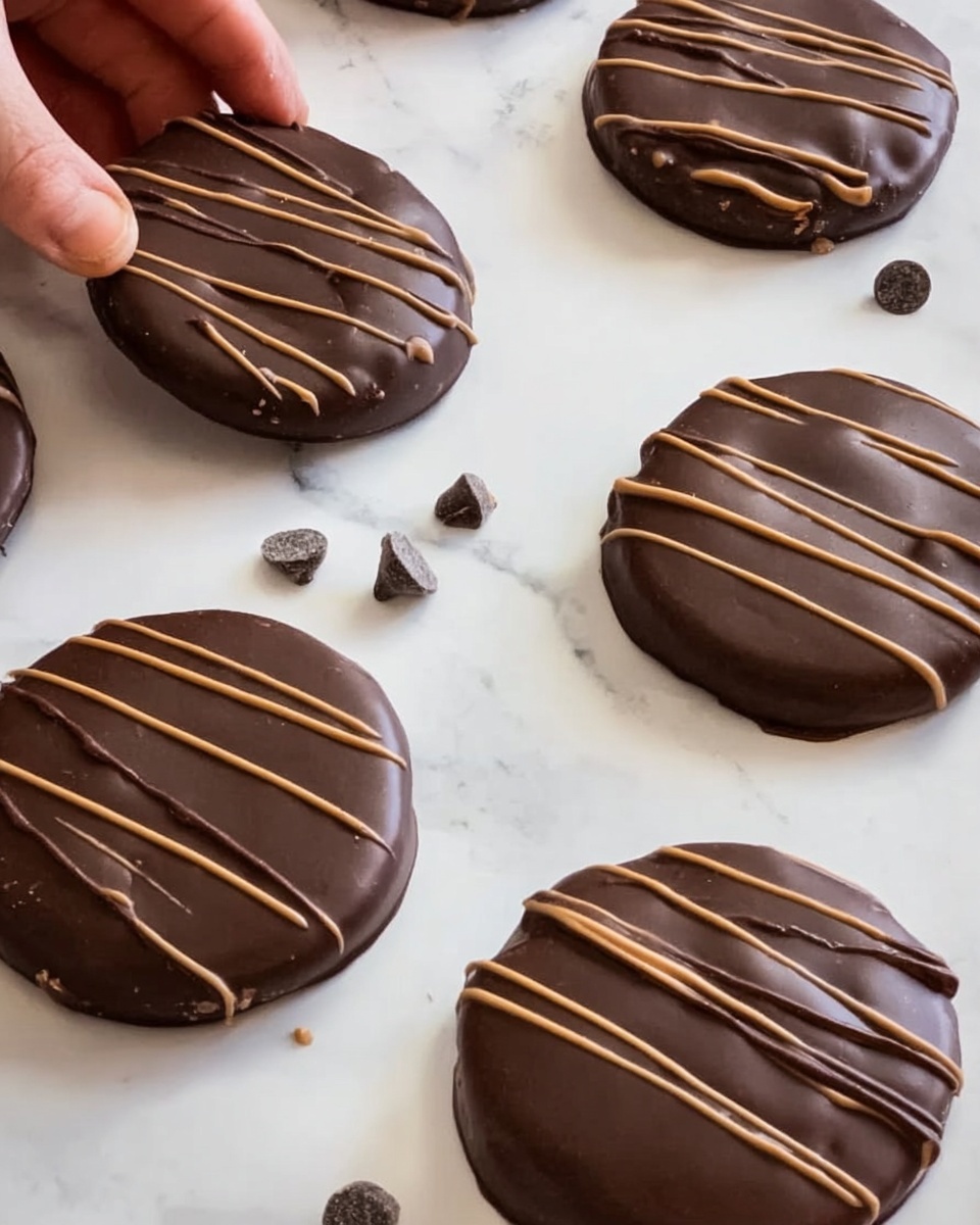 The image shows several round chocolate disks laid flat on a white marbled surface. Each disk is dark brown and smooth, with a shiny chocolate coating. They are decorated with thin, uneven light brown lines drizzled diagonally across the top. Scattered near the disks are a few small chocolate chips, adding texture to the scene. A woman's hand is gently touching one of the disks, demonstrating its size. The overall look is neat and tempting, with the contrast of dark and light brown colors on a clean white marbled background. photo taken with an iphone --ar 4:5 --v 7